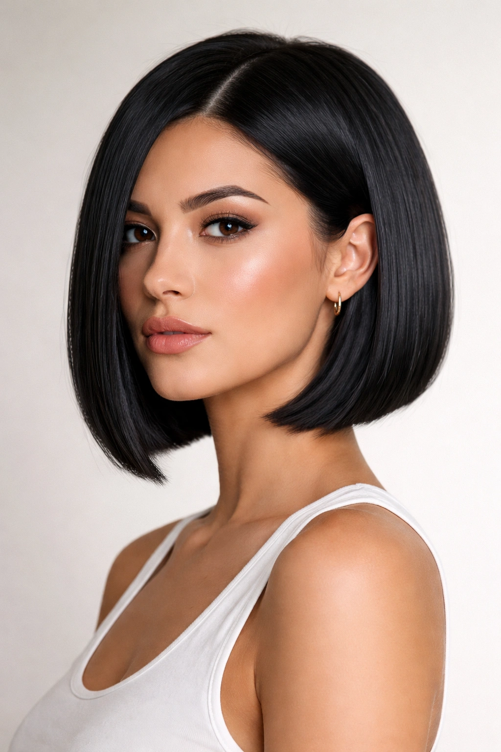 Close-up of a sleek stacked bob with blunt ends, glossy straight hair in a studio