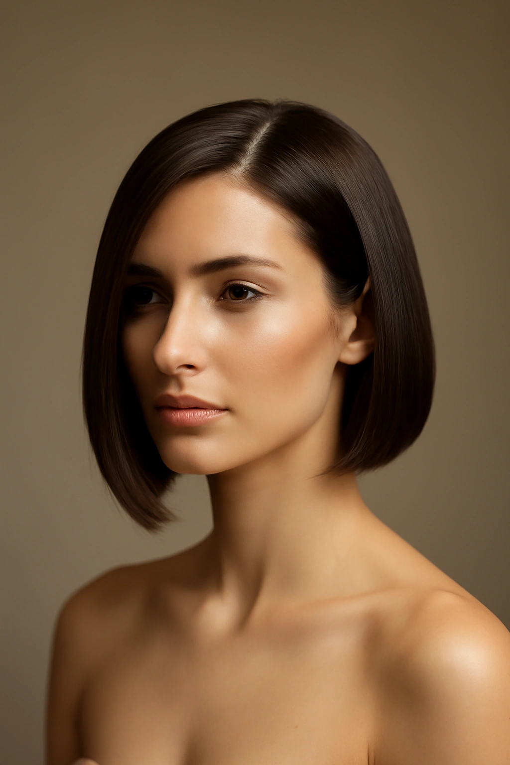 Sleek straight bob with deep side part for a modern bridal look