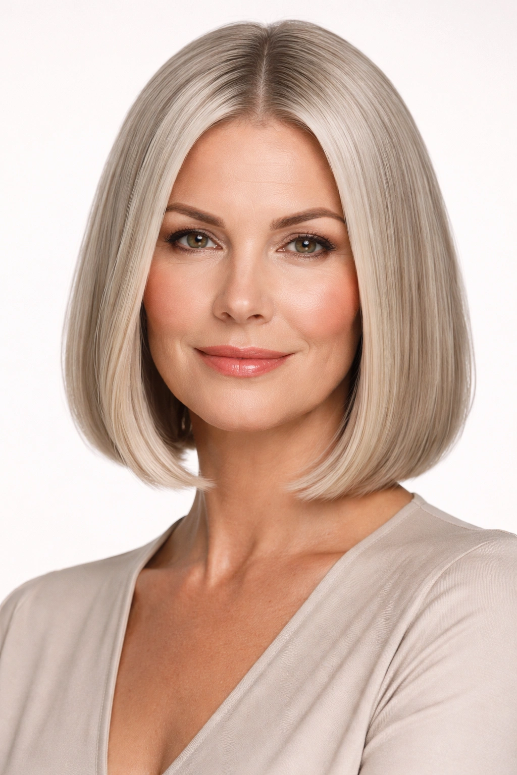 Sleek straight bob with center part and glossy finish