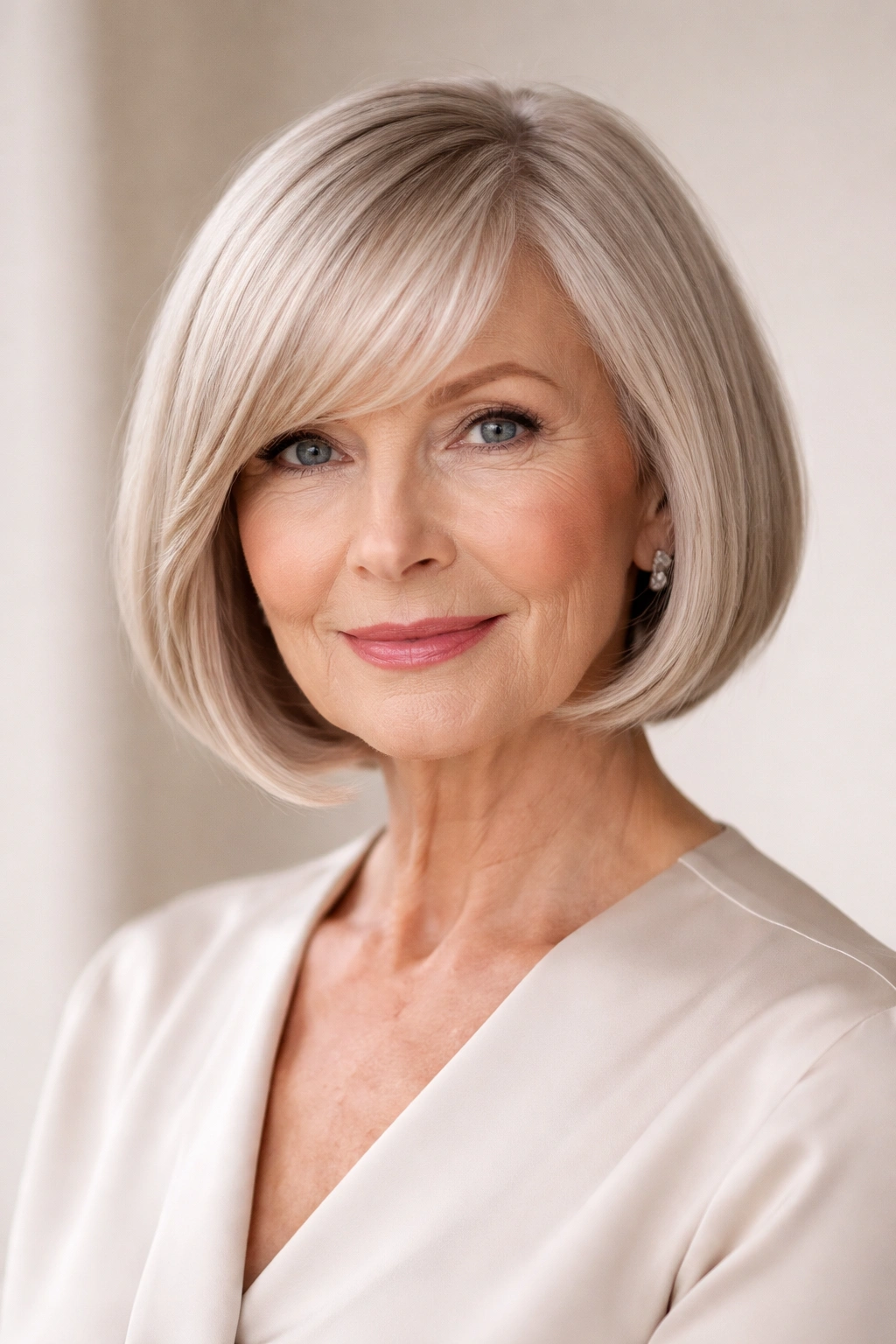 Close-up of a chin-length sleek bob with a side fringe and glossy finish.