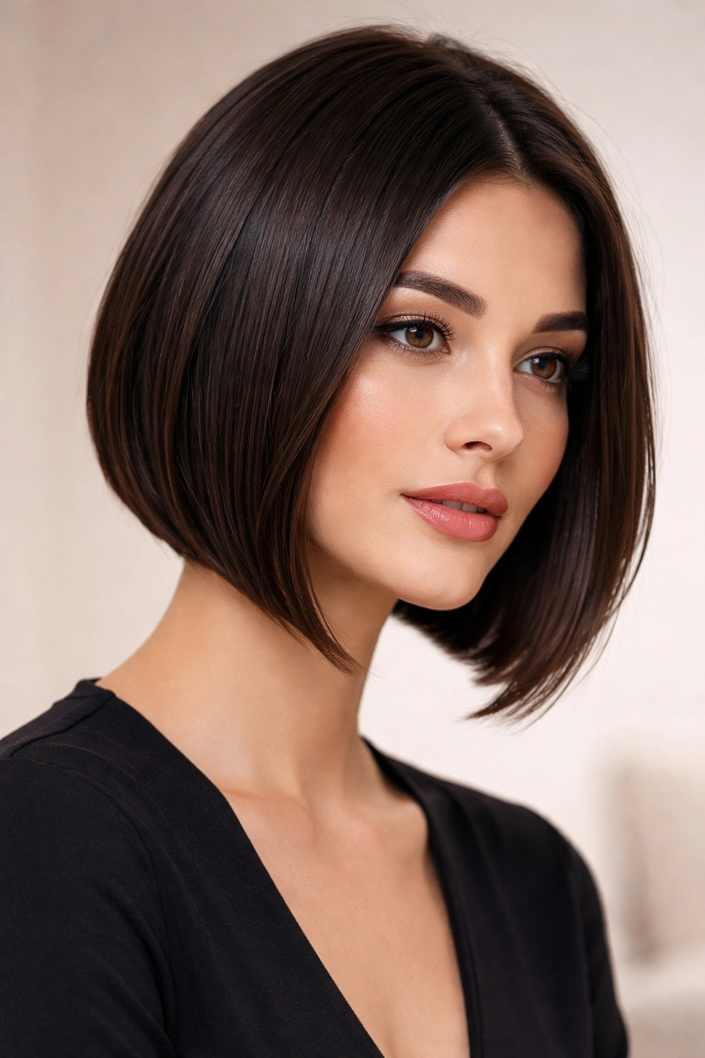 Close-up of a sleek face-framing bob with longer front pieces and a blunt back on a neutral backdrop