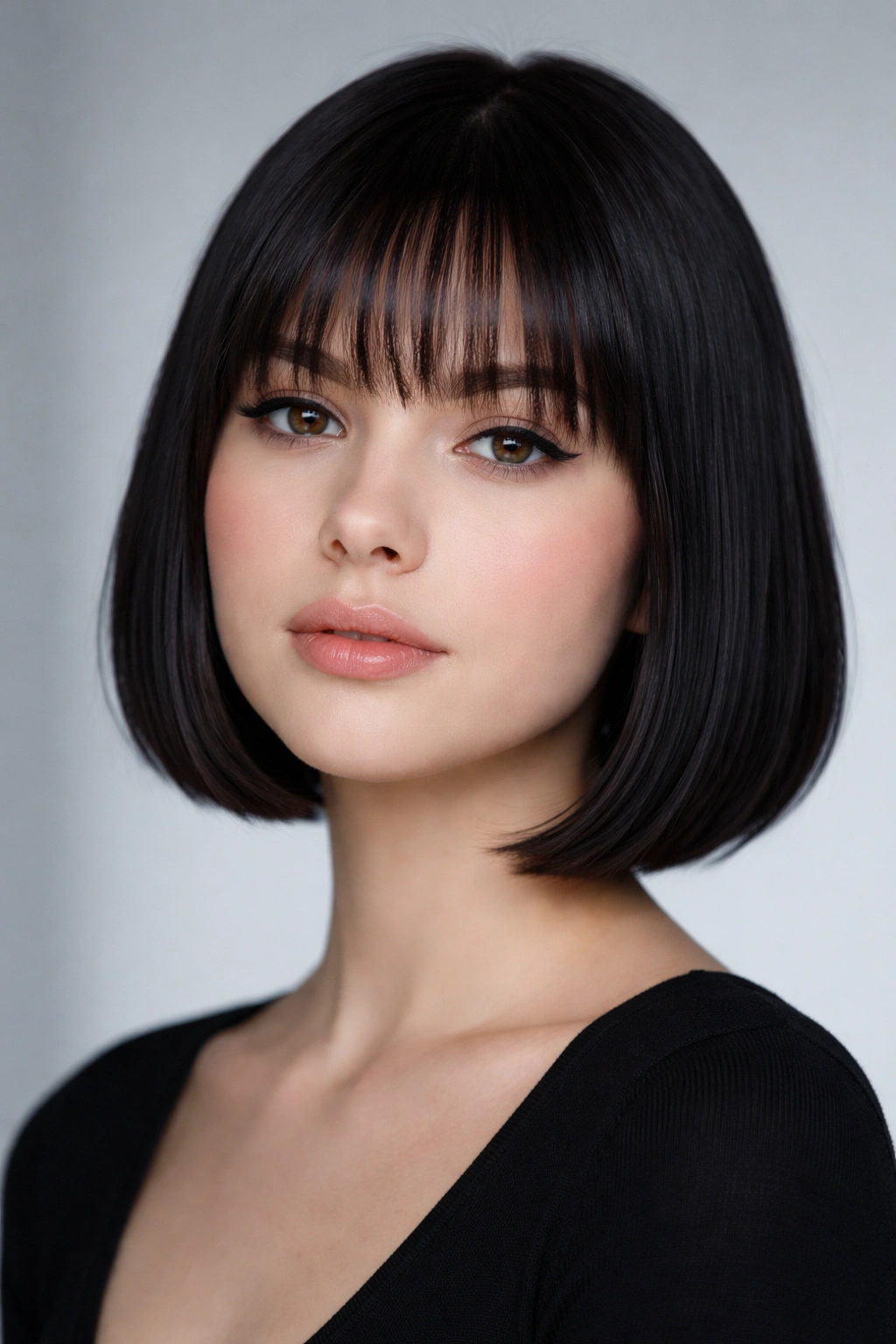Person with sleek bob and French bangs for round face