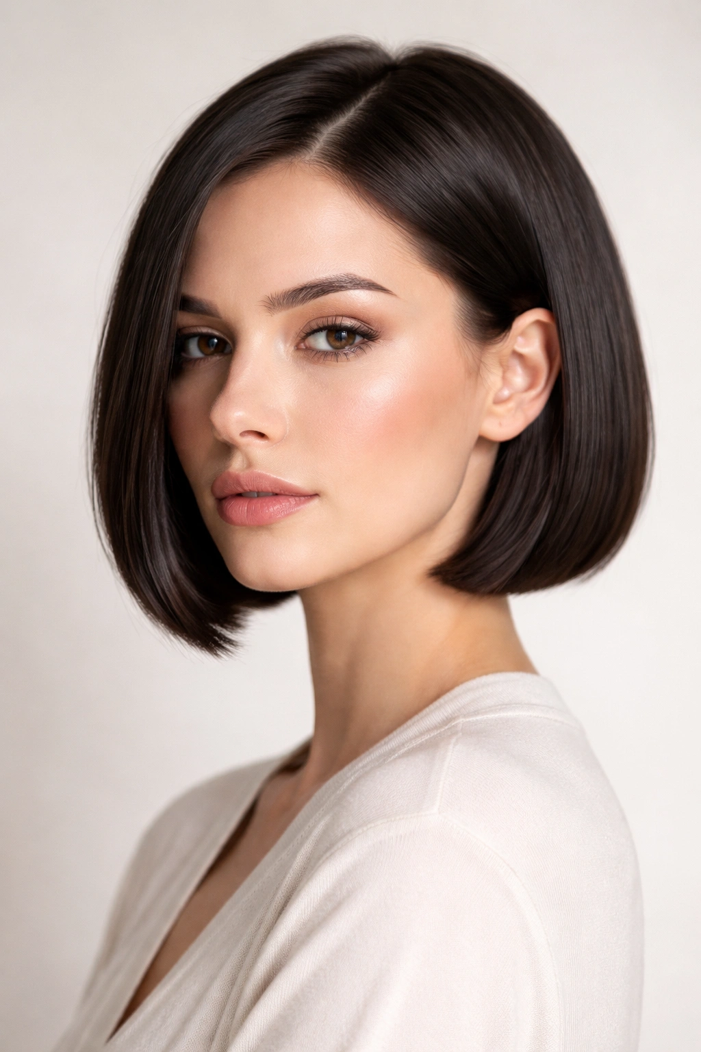 Close-up of a sleek bob at jawline length in even studio lighting