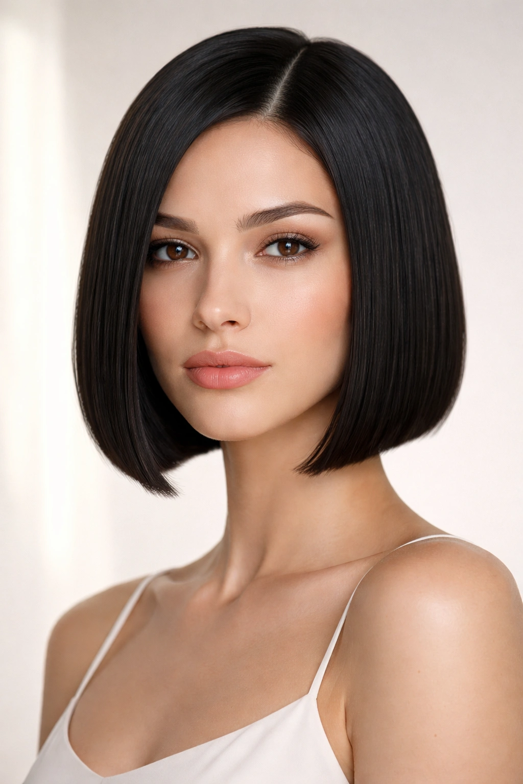 Blunt chin-length sleek bob with straight lines and smooth finish