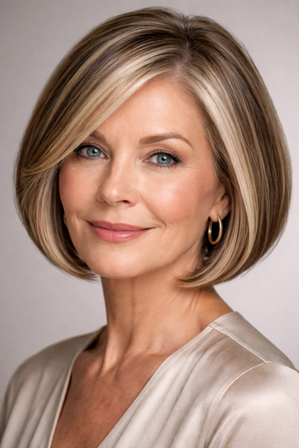 Close-up of a sleek chin-length bob with face-framing highlights and glossy texture