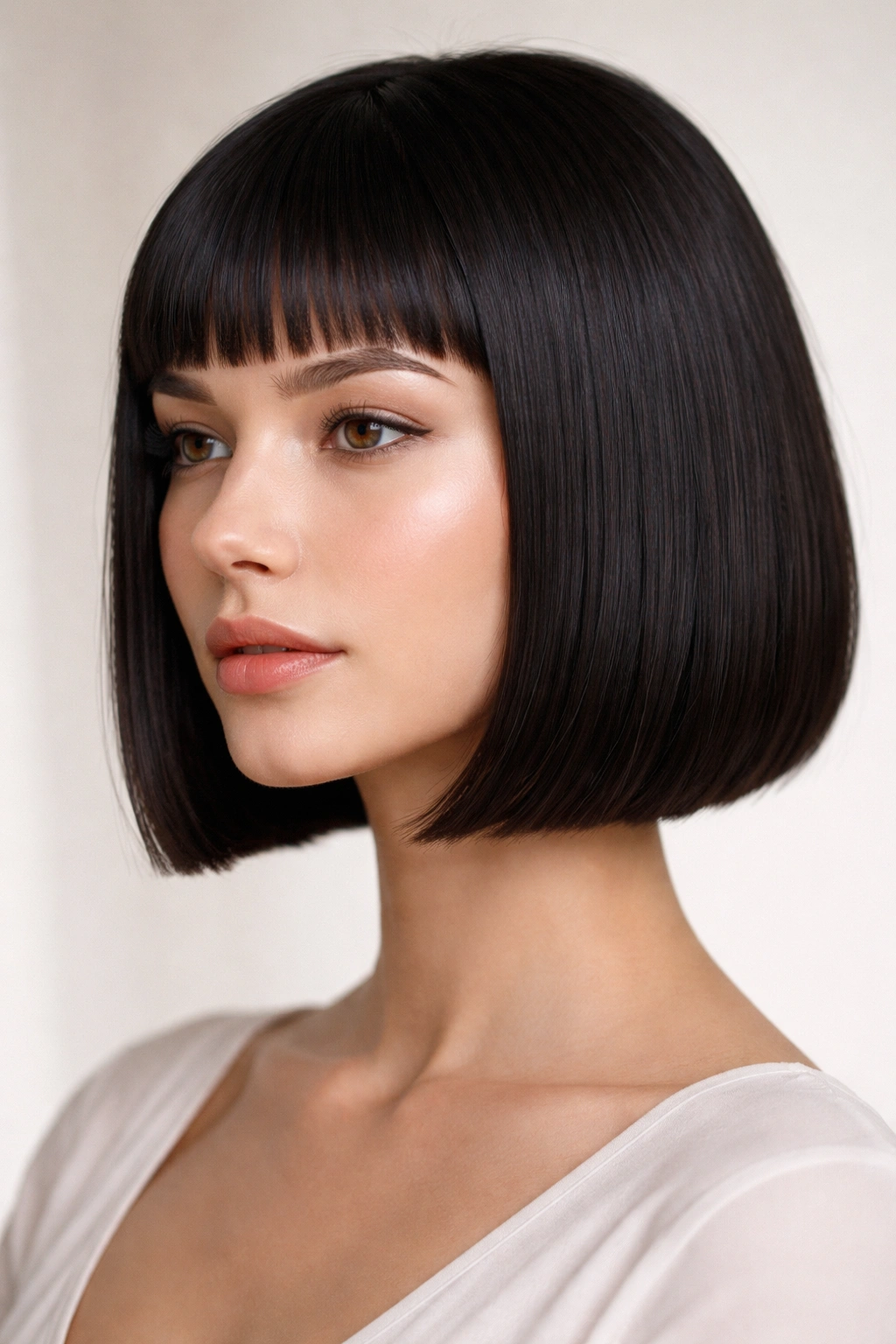 10 Short Haircuts That Help Control Frizzy Hair 2 Blunt chin-length bob with micro-bangs showing a polished, shiny texture.