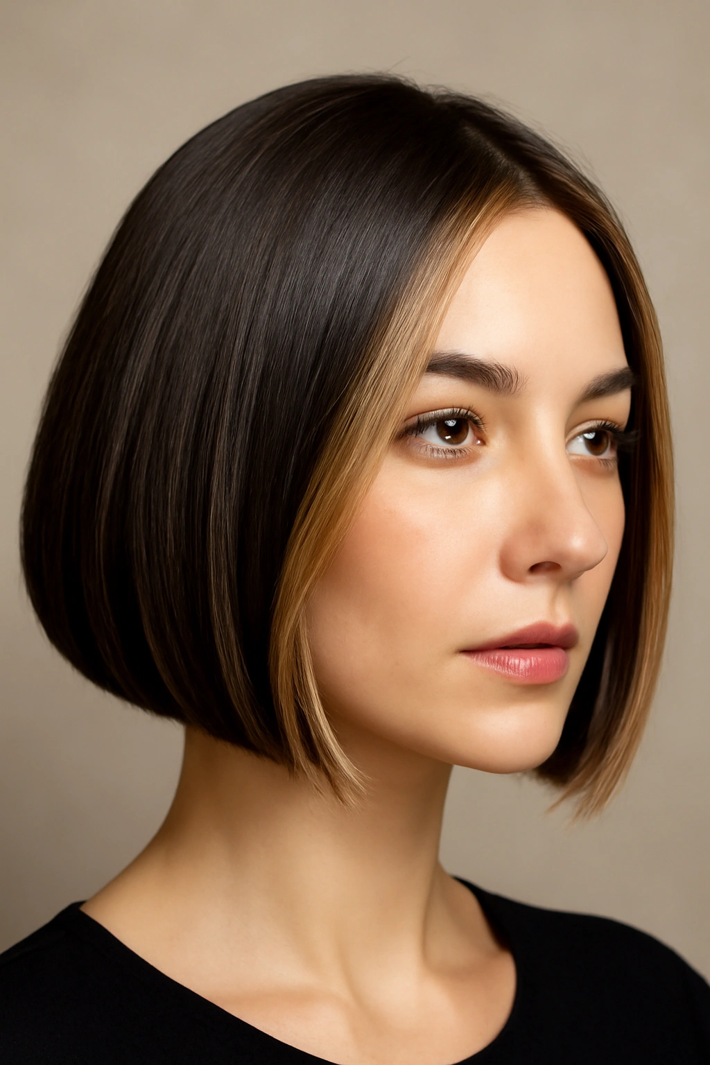 10 Short Haircuts With a Money Piece That Pop 1 Close-up of a sleek jaw-length bob with blunt edges and face-framing money pieces under soft studio lighting