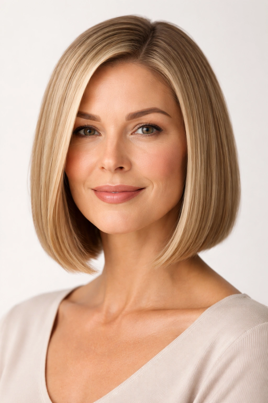 Woman with a sleek, blunt-ended one-length bob.