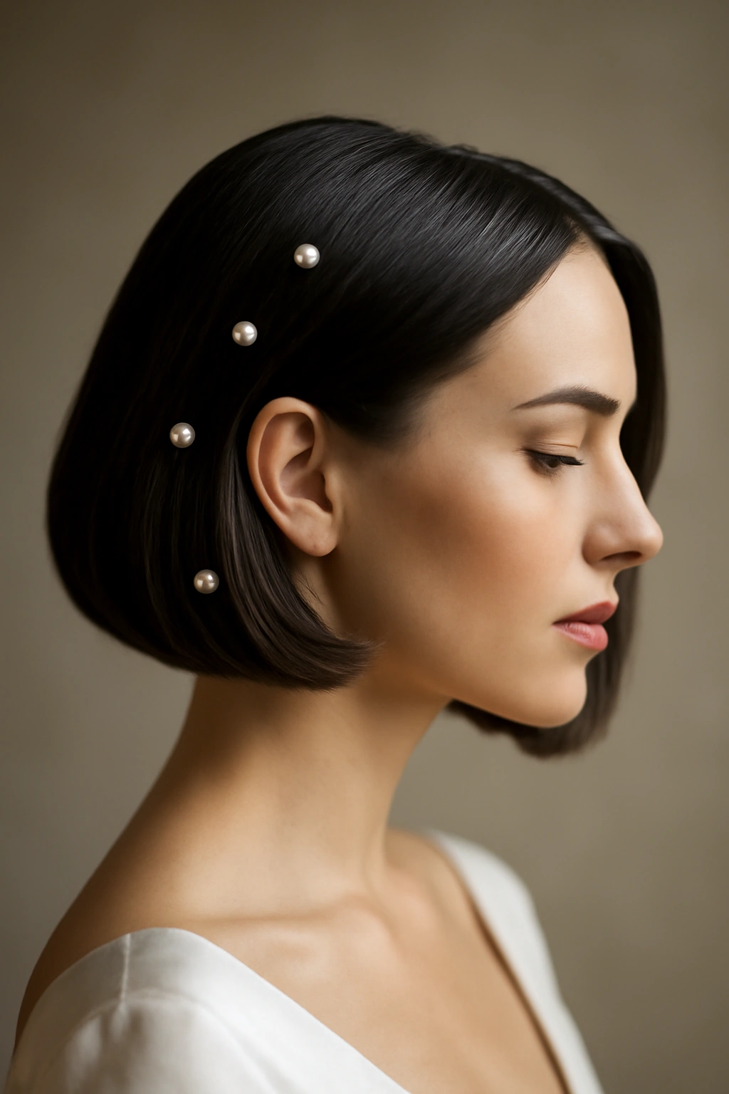 Getting Married With Short Hair? 10 Bridal Looks 1 Close-up of a chin-length sleek bob with pearl pins for a bridal look.