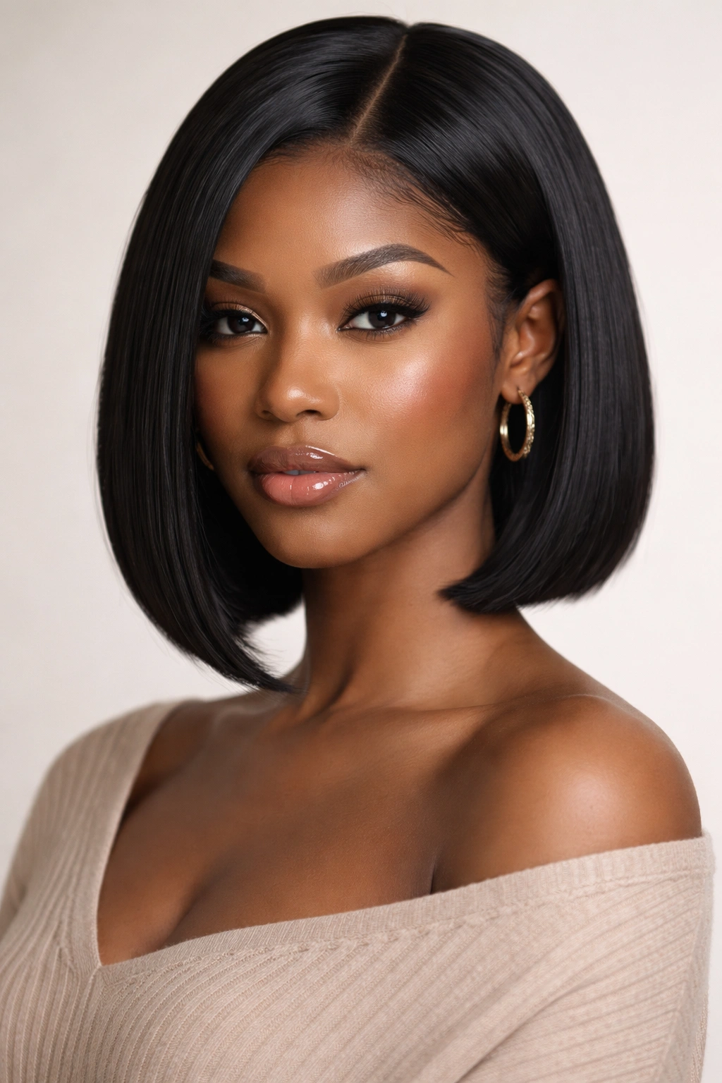 Sleek chin-length bob sew-in on Black woman with glossy straight hair