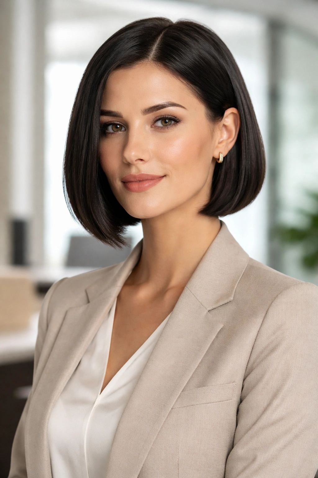 10 Professional Short Hairstyles For The Office 2 Portrait of a professional woman with a sleek chin-length bob, high shine and precise blunt cut