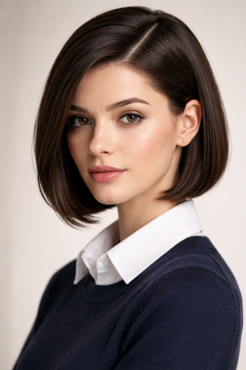 Sleek bob with deep side part tucked behind the ear