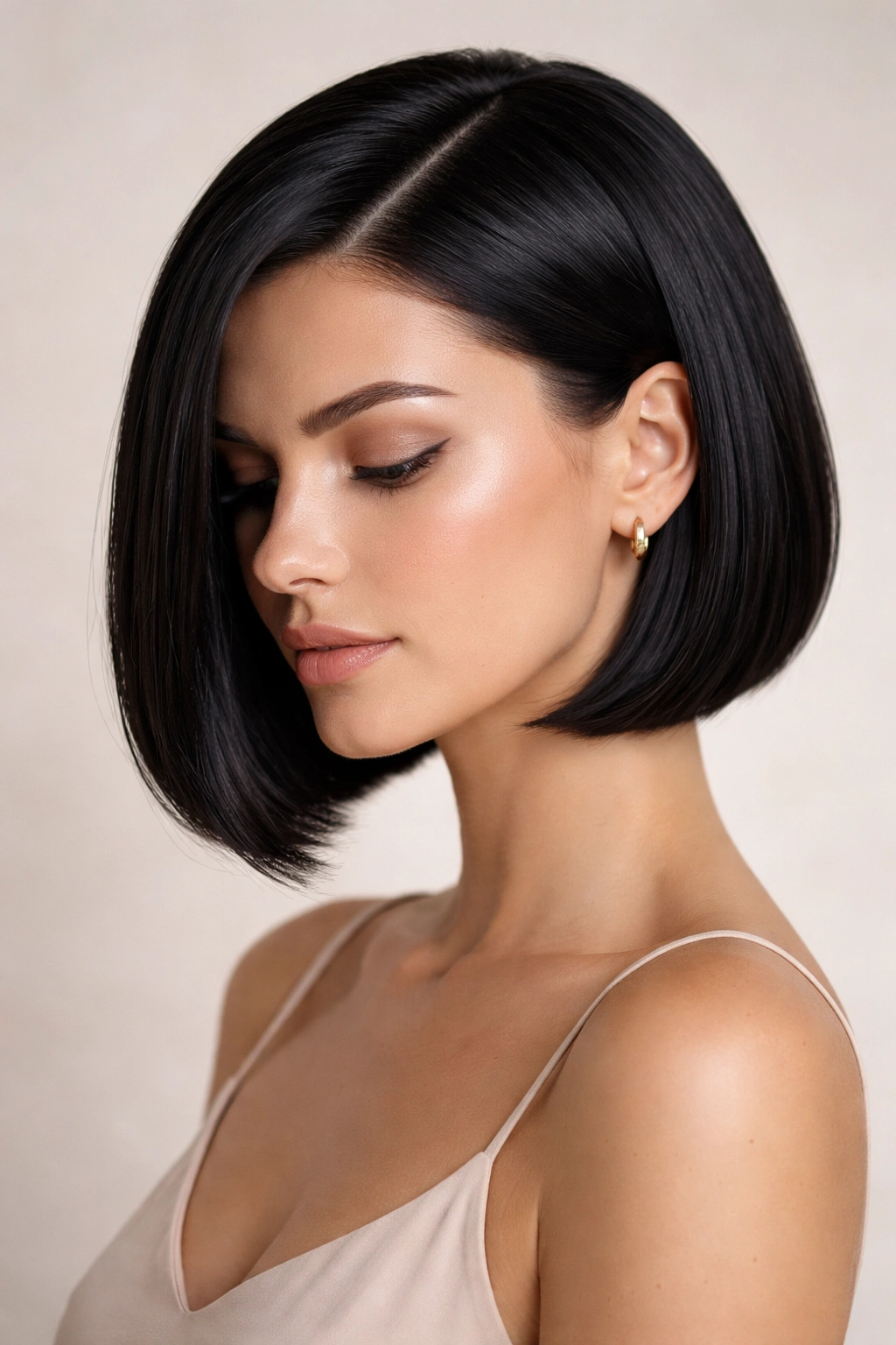 Close-up of a sleek bob with a deep side part and glossy finish