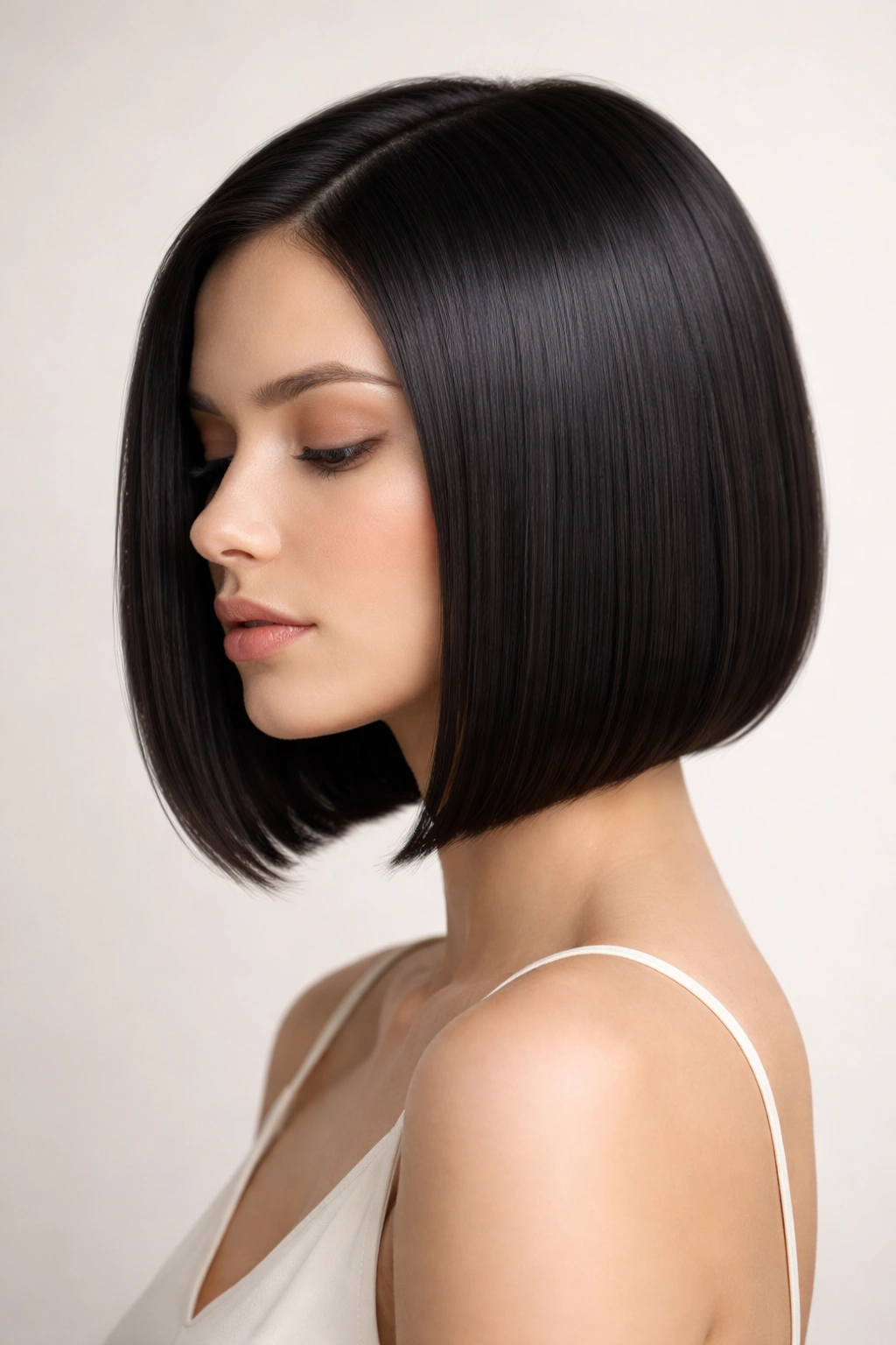 Studio portrait highlighting a sleek bob silhouette on straight hair