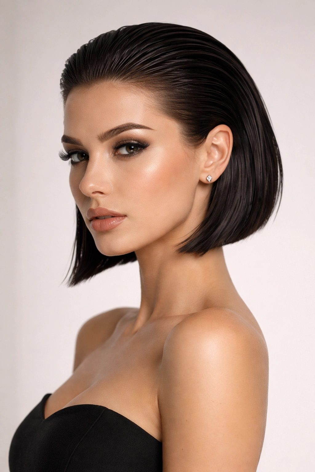 Sleek inverted bob with slicked-back front showing architectural lines