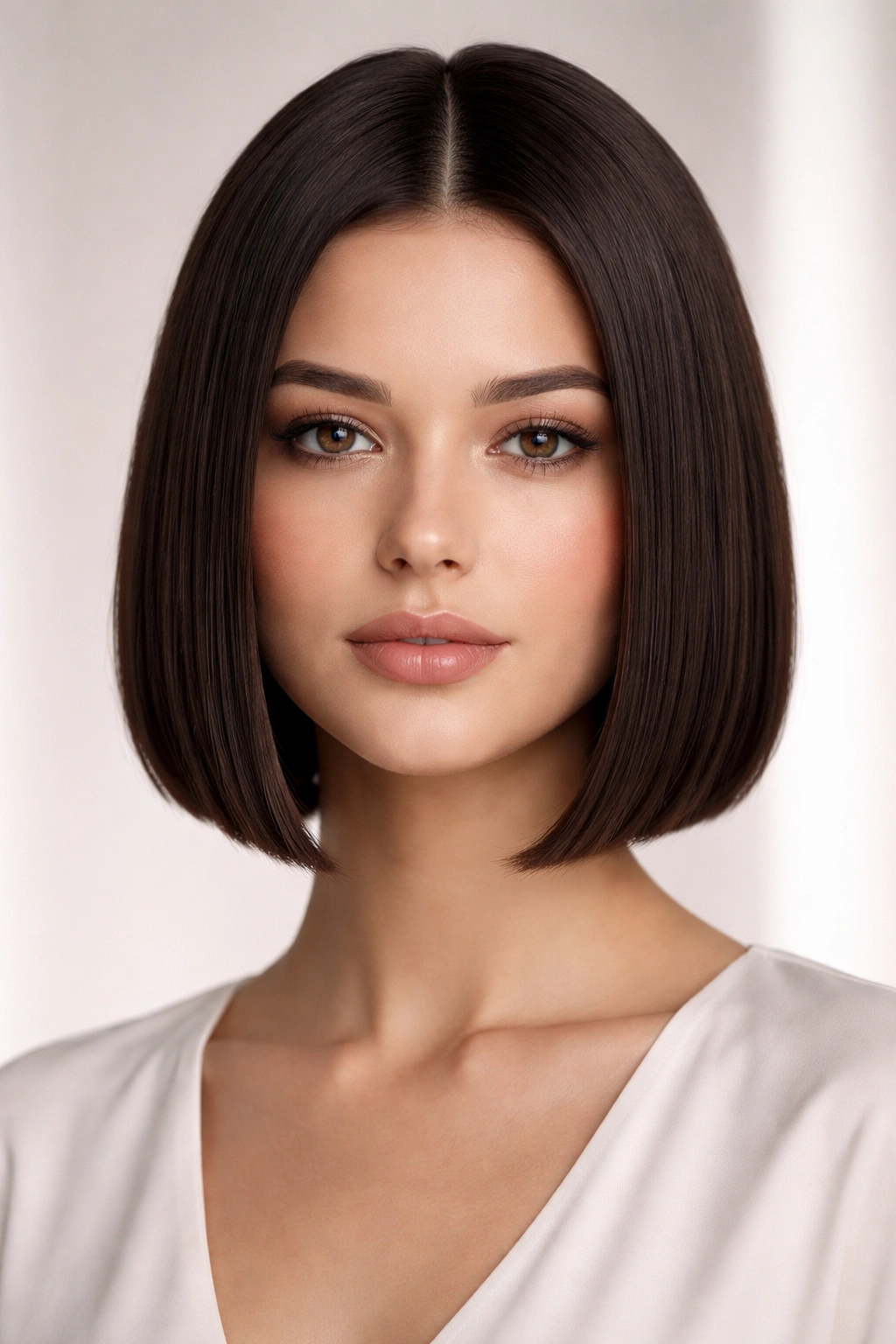Blunt chin-length sleek bob with glossy finish