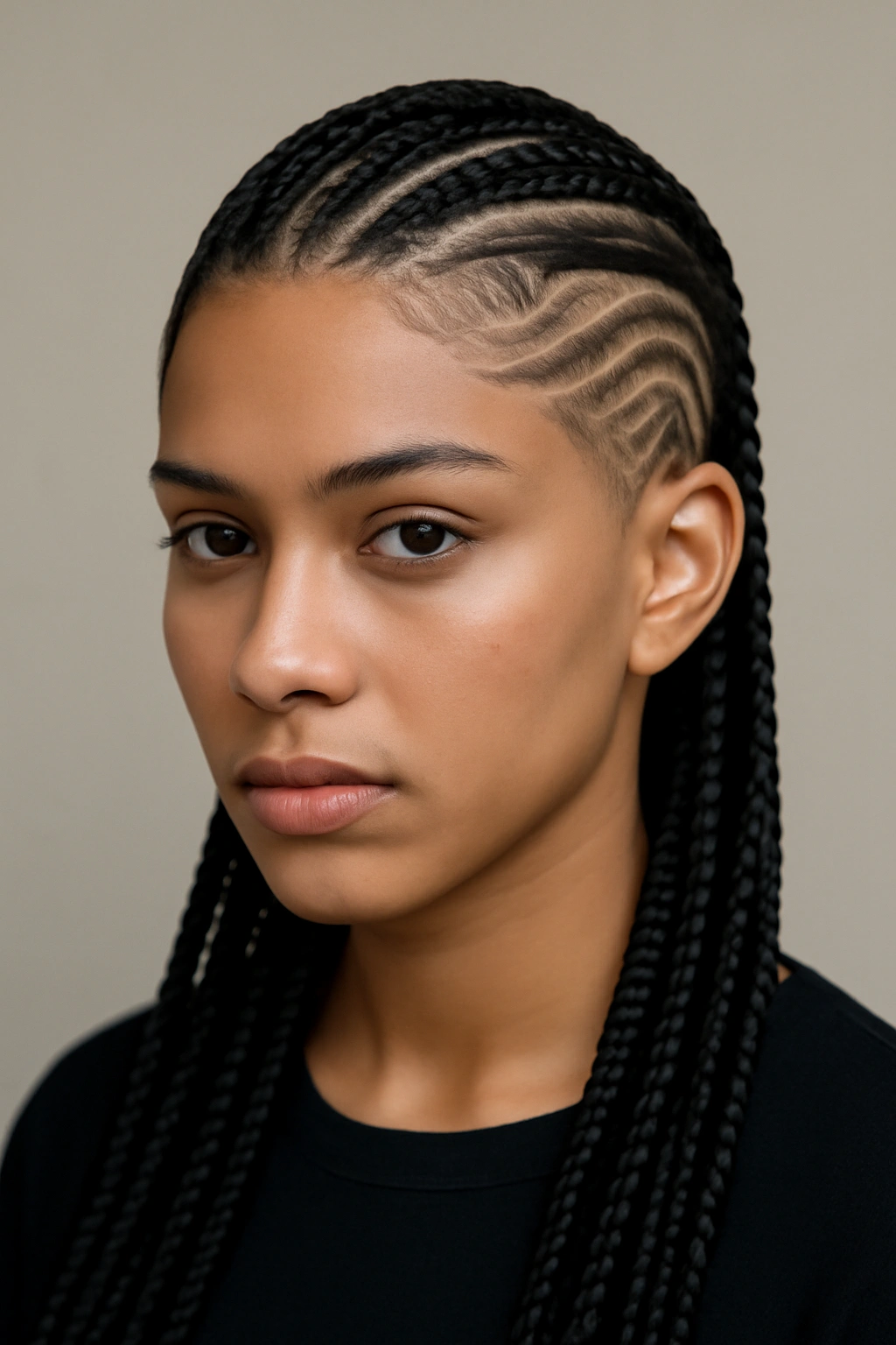 Sleek braids with intricate scalp art on shaved sides