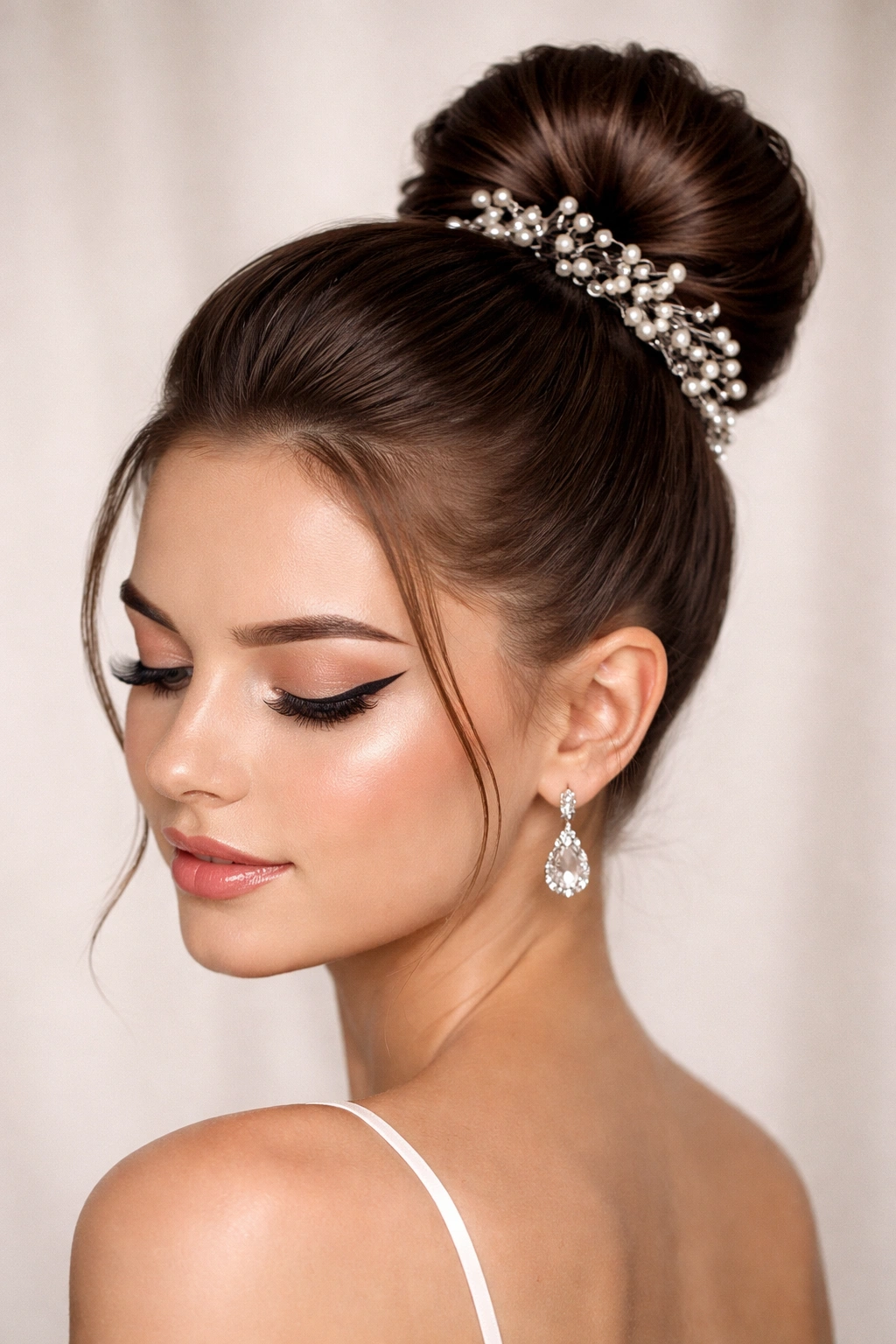 10 Prom Hairstyles For Short Hair You Can Do At Home 2 Profile view of a sleek high bun with subtle decorative accessories and polished shine