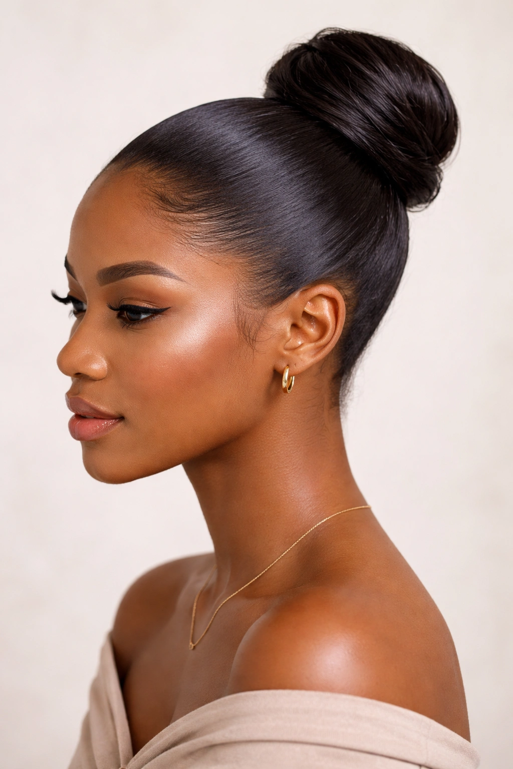 Close-up of a sleek bun hairstyle on a neutral head, smooth glossy finish