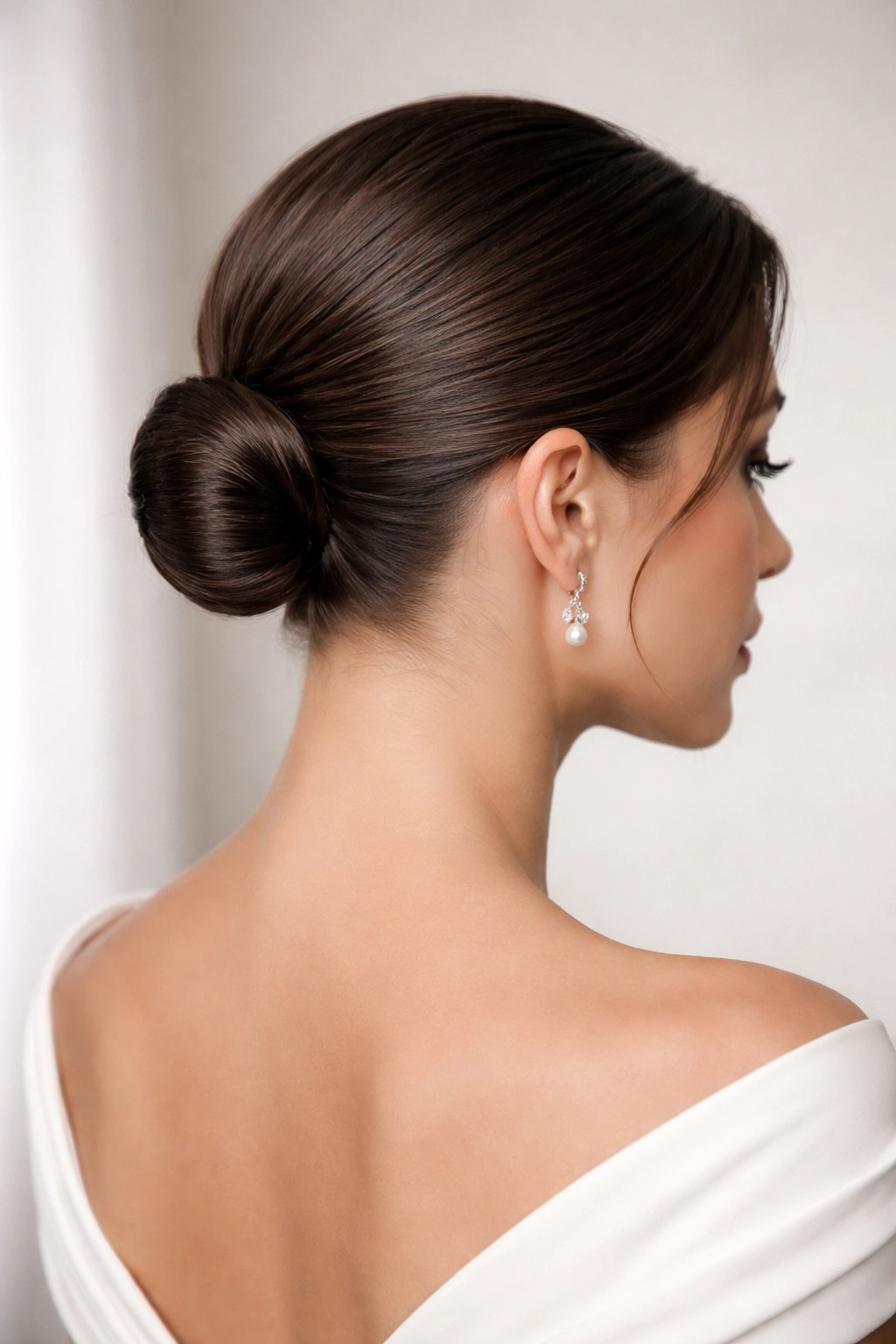Close-up back view of a sleek low bun on short hair highlighting polished texture