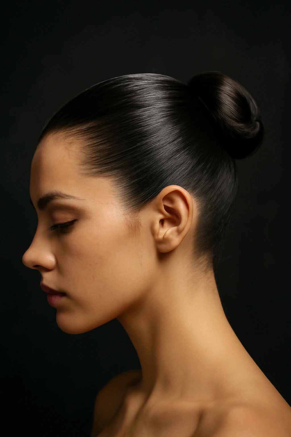 15 Easy Short Hair Updos That Work for Any Occasion 15 Portrait of a person with a sleek, glossy bun at the crown/back of the head