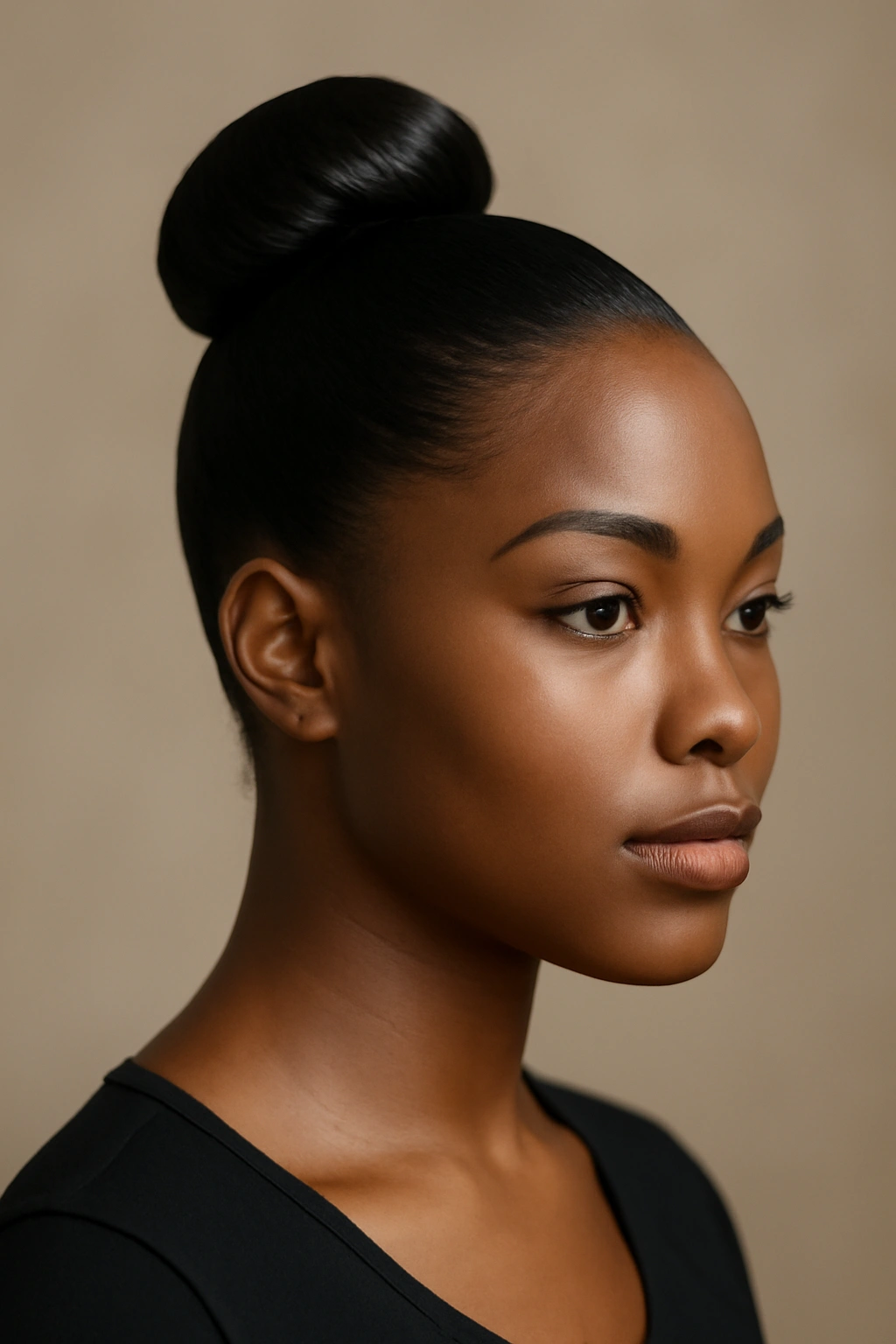 12 Flattering Hairstyles for Black Women With Round Faces 11 Close-up of a high, sleek bun at the crown with glossy finish
