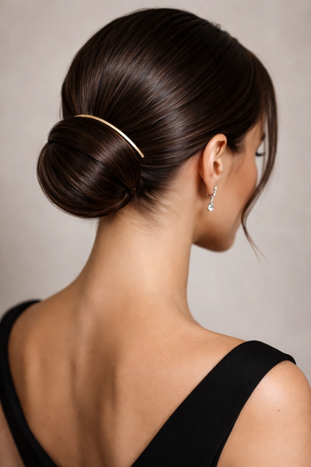 Close-up of a sleek low bun with a metallic hairpin at the nape.
