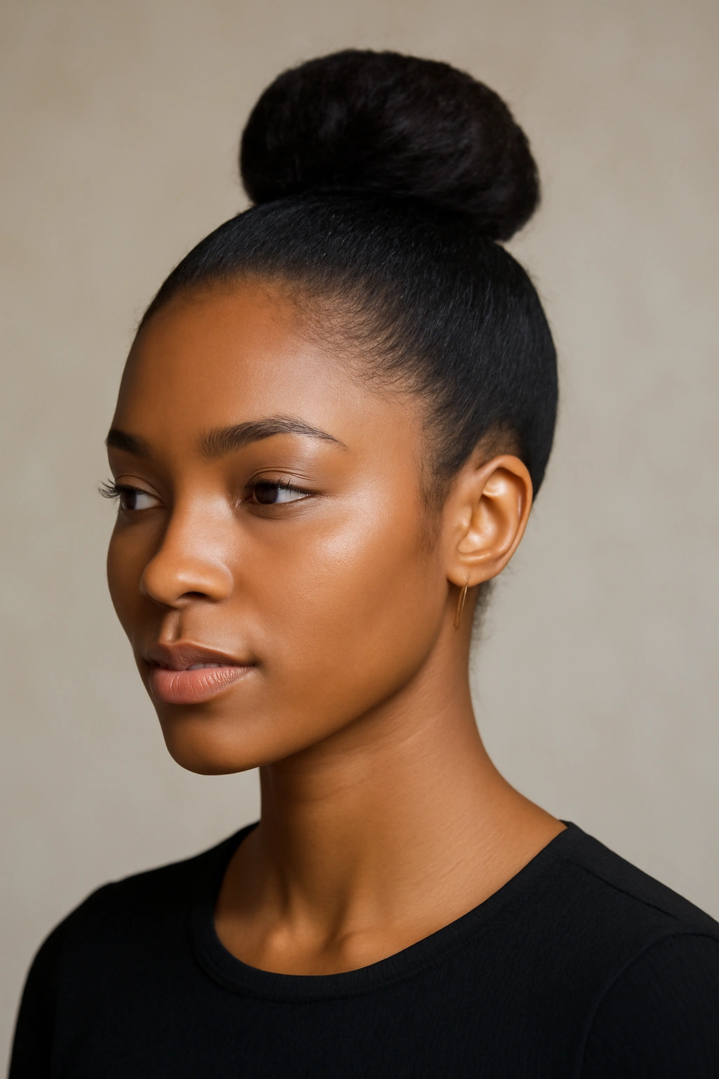 10 Pretty Natural Hair Updos for Special Occasions 1 Close-up of a polished high bun on natural hair, showing smooth texture at the crown and defined edges.