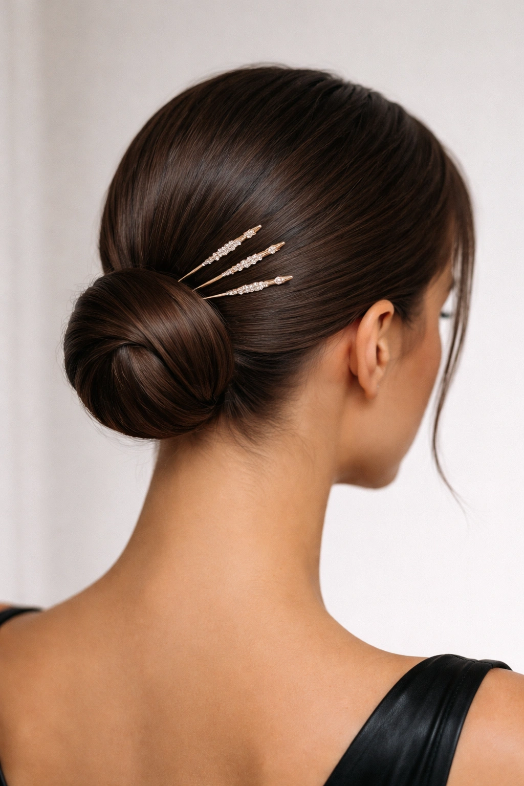 Close-up of a sleek low bun at the nape with metallic pins