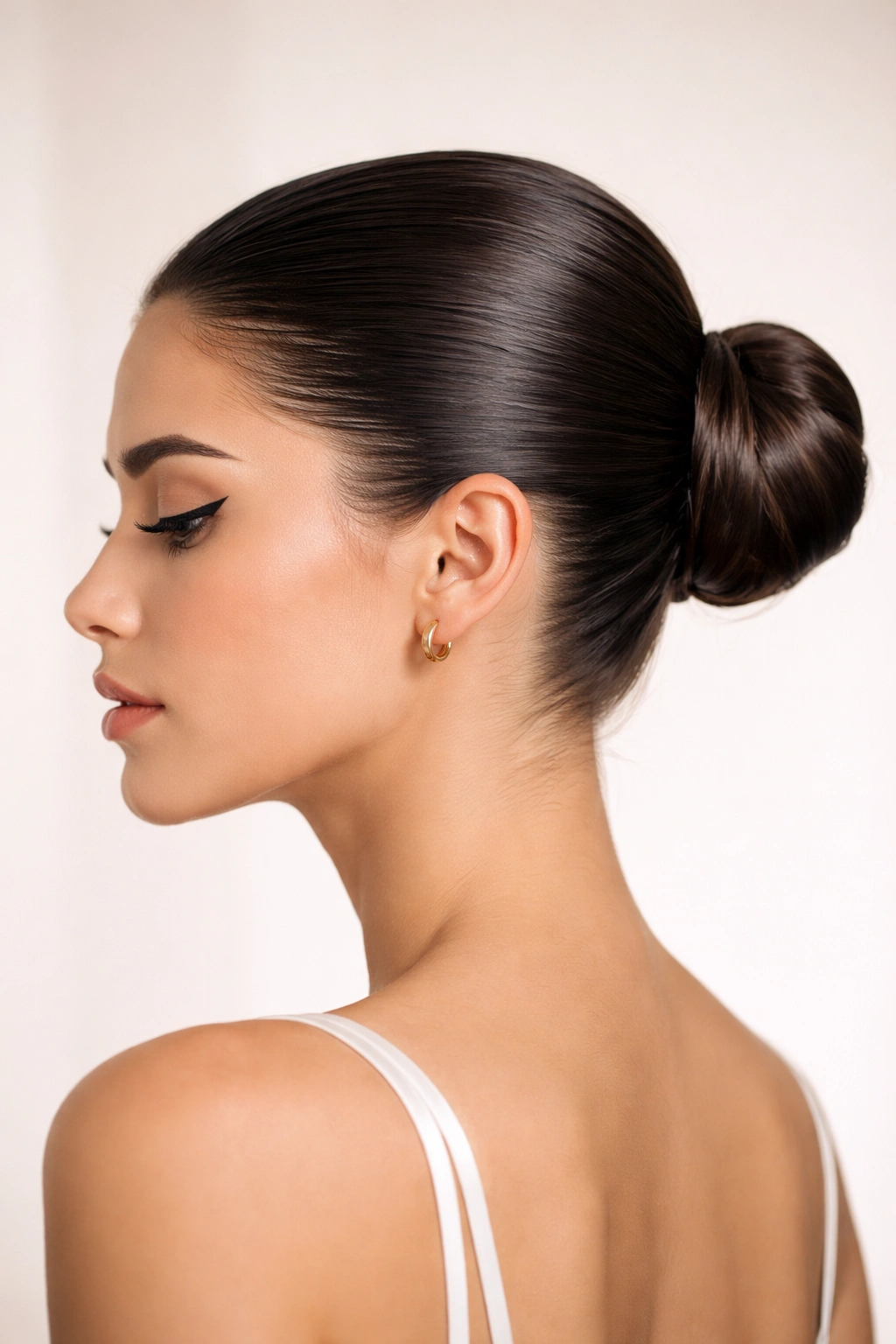 25 Slick Back Ponytail Styles for a Chic, Polished Look 8 Sleek ponytail tied into a compact bun with glossy finish.