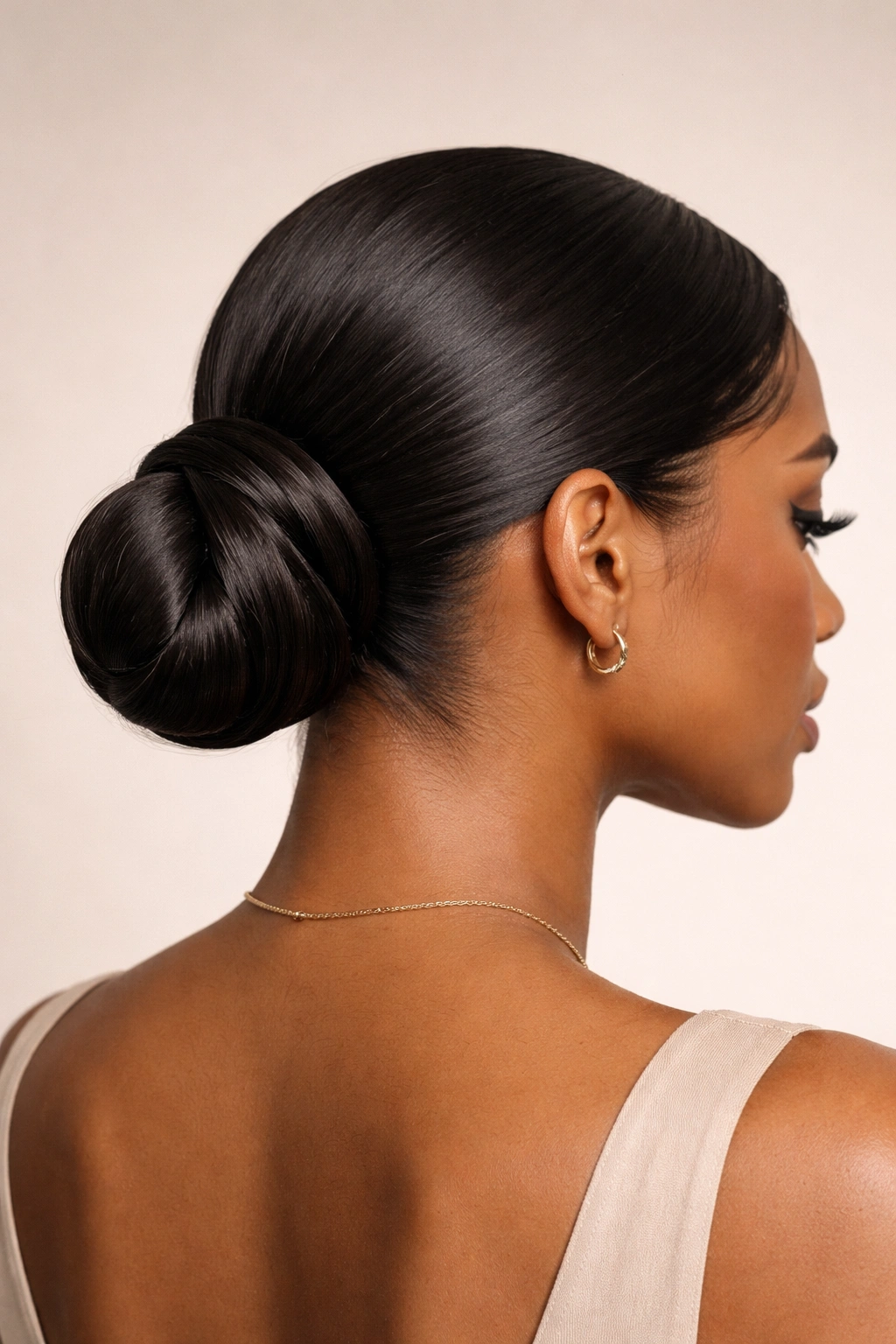 Close-up of a glossy sleek low bun at the nape with a sculptural finish.