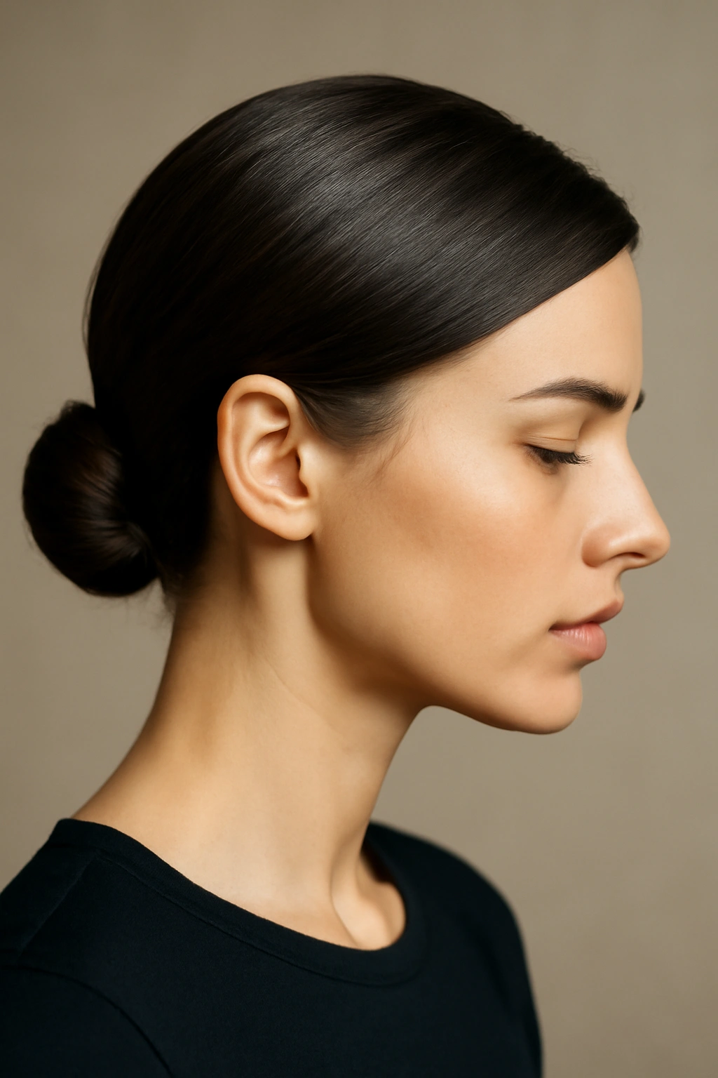 25 Short Hairstyles That Will Instantly Upgrade Your Look 7 Close-up of a sleek low bun on chin-length hair, polished and elegant.