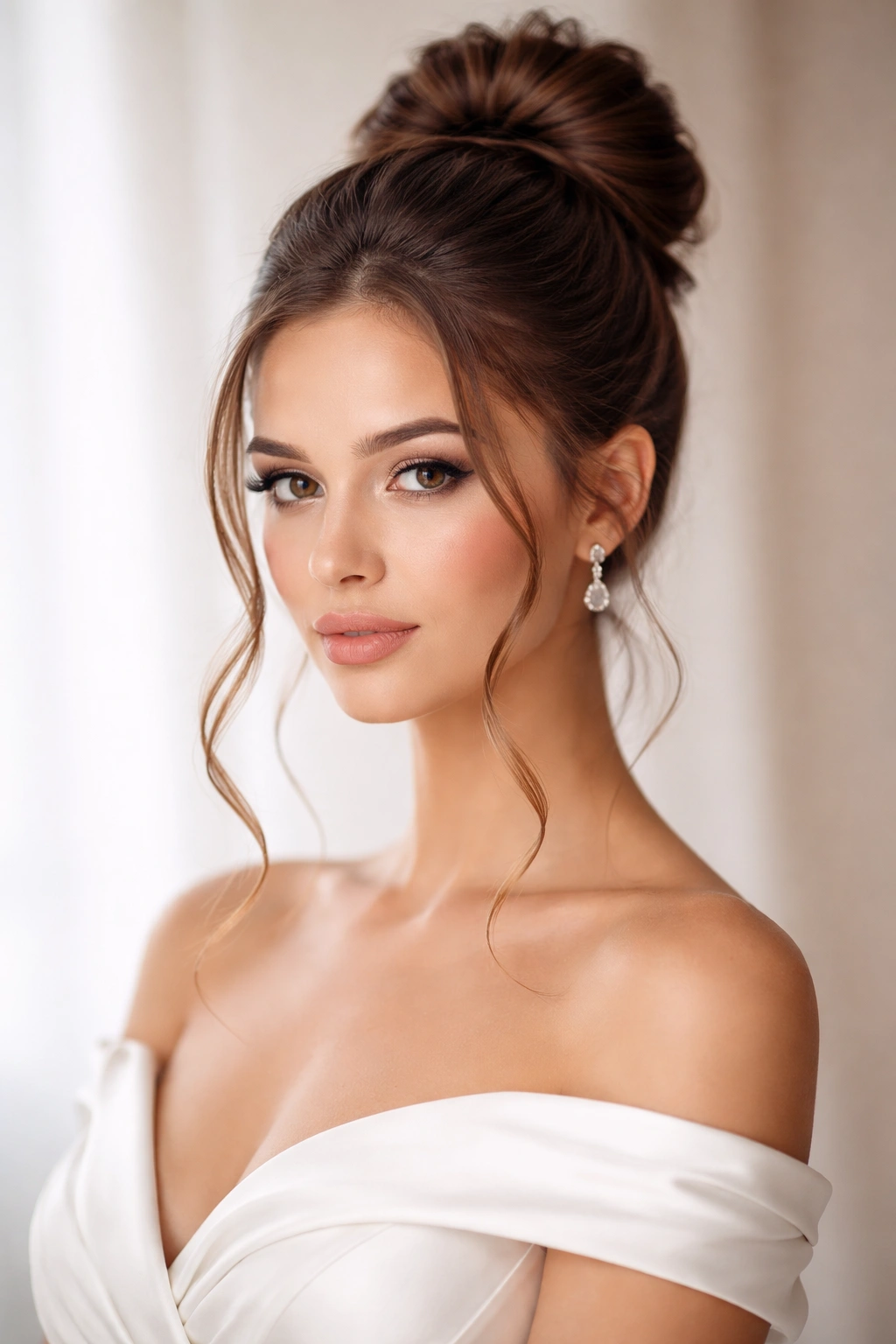 Close-up of a sleek high bun with loose face-framing strands, polished and romantic