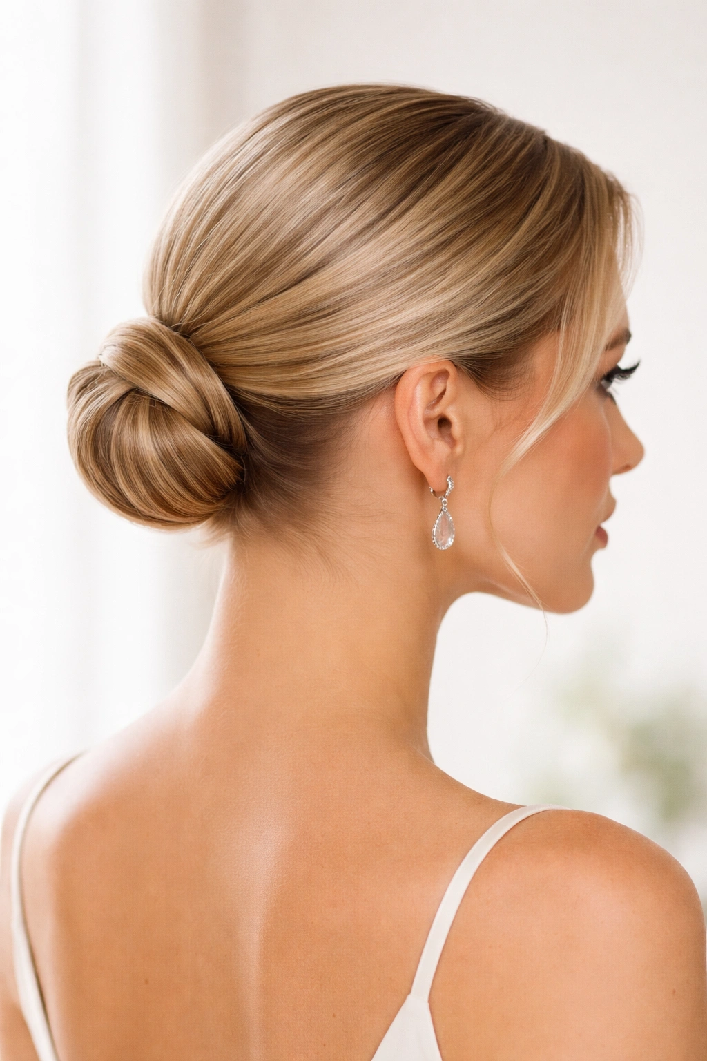 Close-up of a sleek low bun at the nape with smooth, shiny finish