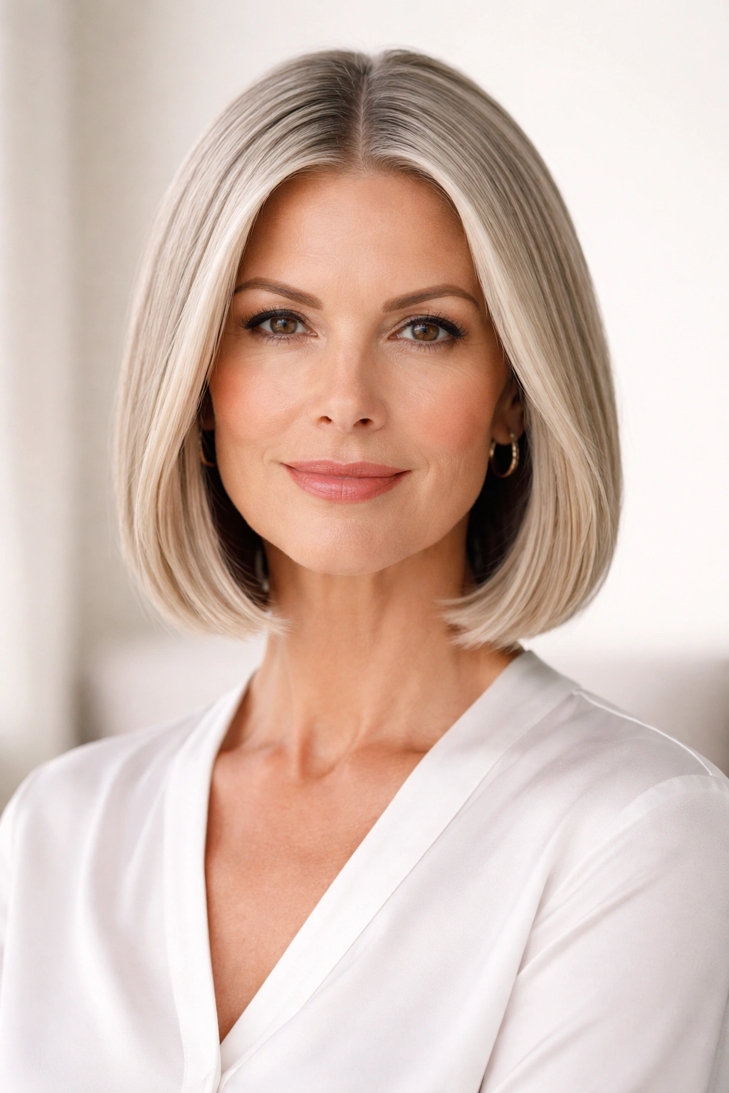 Center-parted chin-length hairstyle with straight, architectural edges
