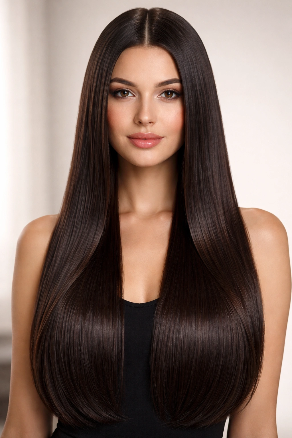 Sleek, center-parted long hair with a glossy finish.
