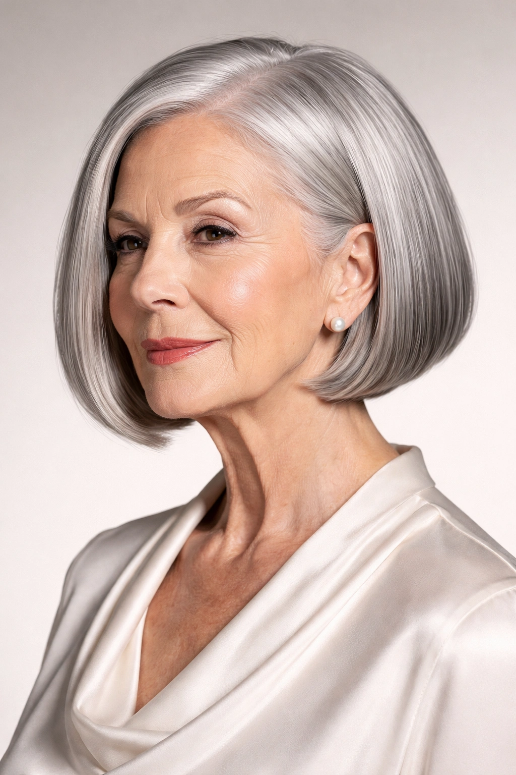 Sleek chin-length blunt bob on a silver-gray haired older woman