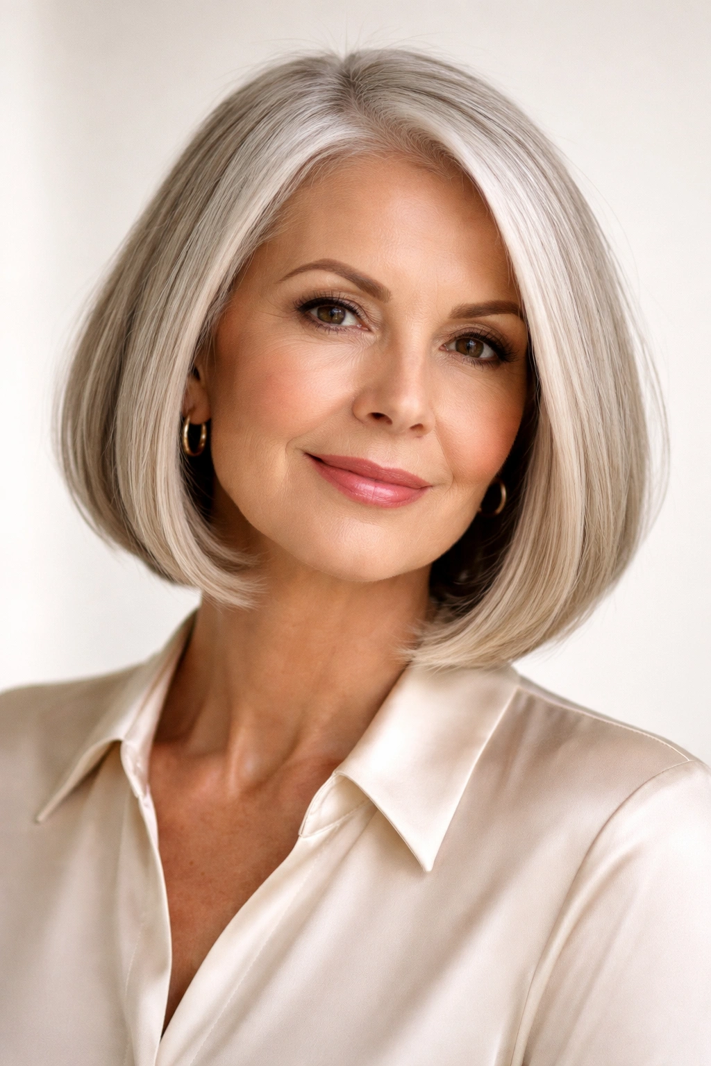 20 Haircuts For Women Over 60 By Face Shape 5 Older woman with sleek chin-length bob that adds width for oblong faces.