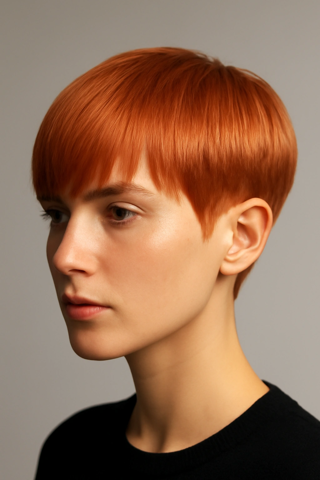 10 Short Copper Haircuts With a Warm Gorgeous Glow 6 Sleek copper crop with extended fringe showing bold color and crisp lines.