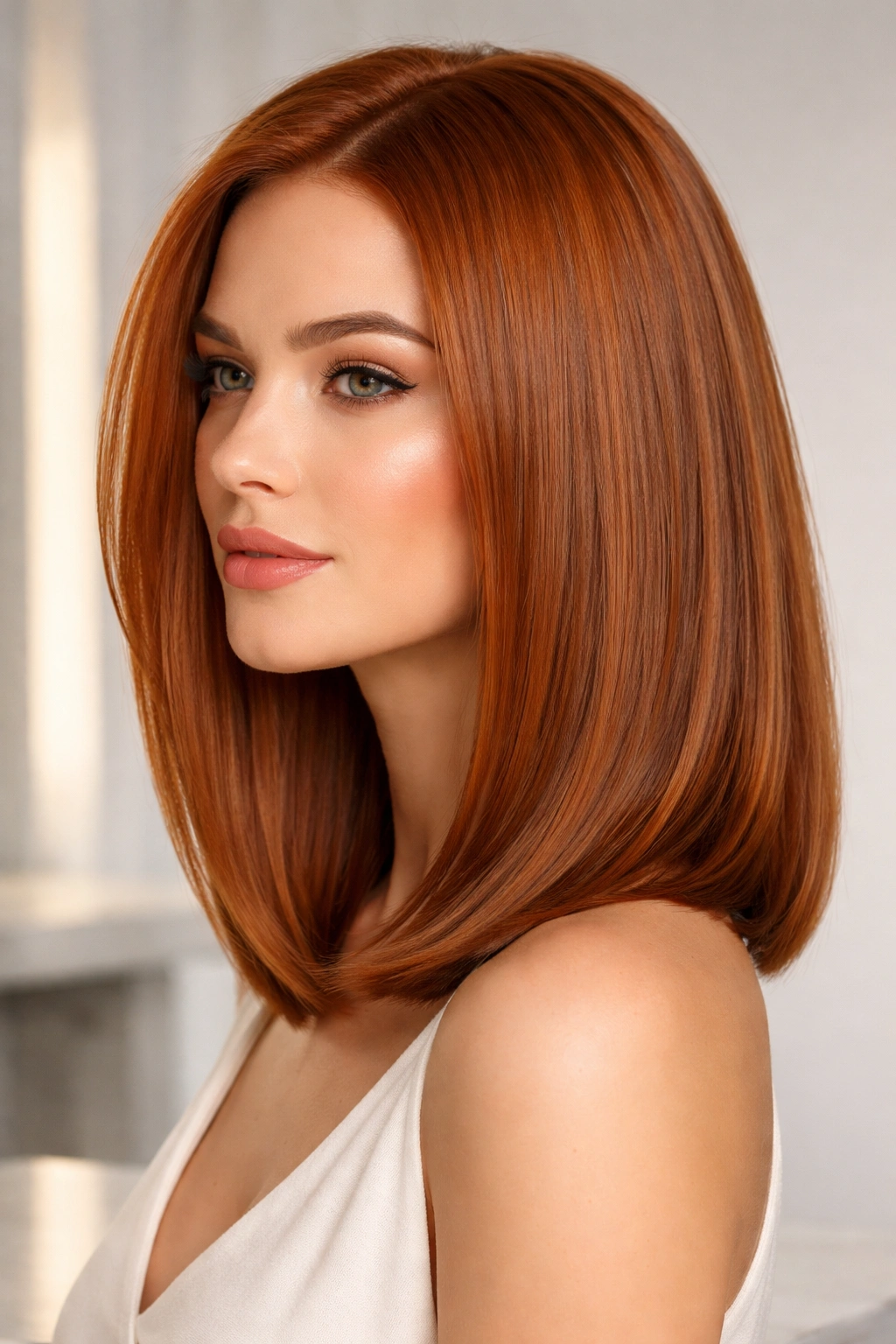 Shoulder-length sleek copper lob with a glossy finish