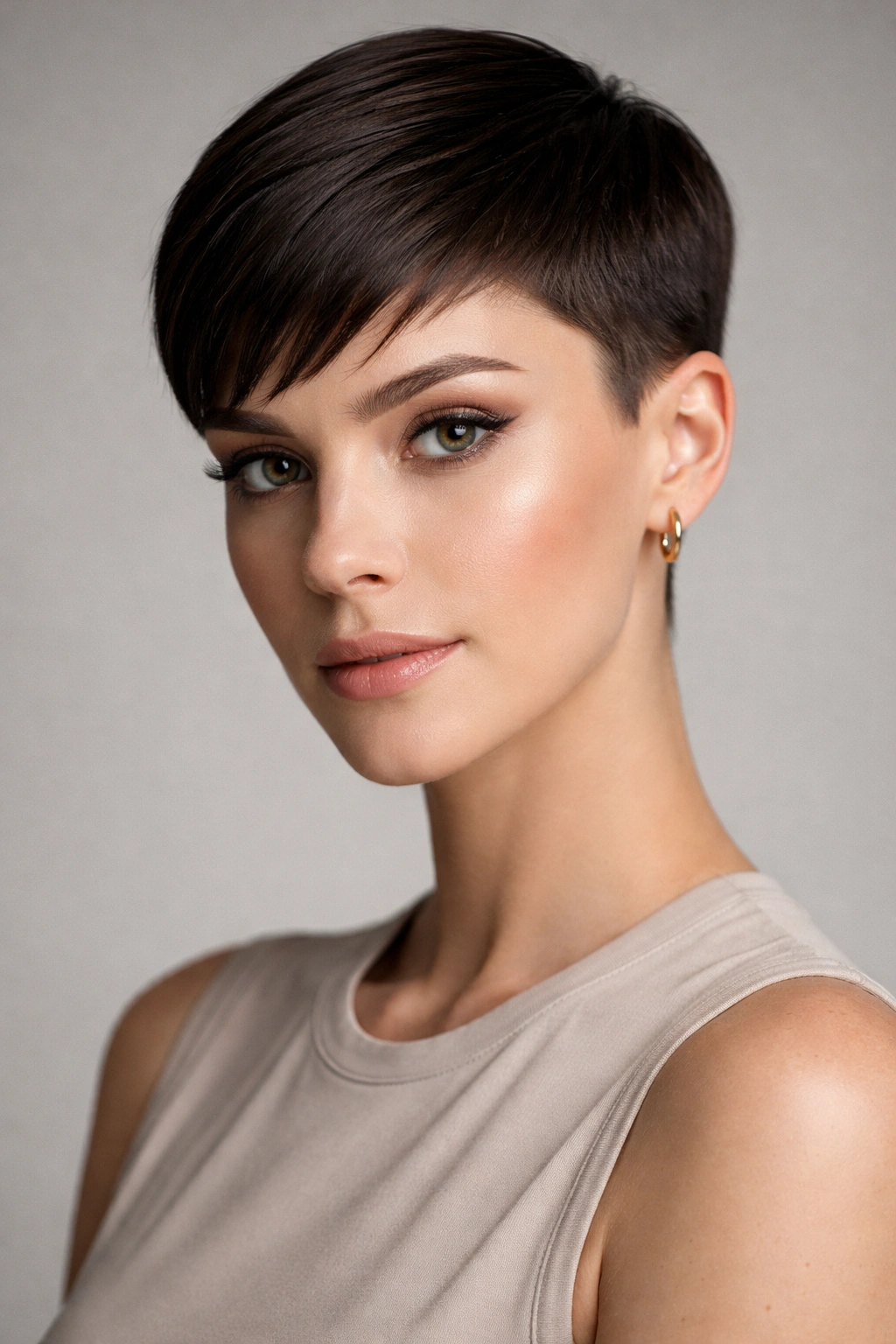15 Short Low Maintenance Cuts For A Busy Life 7 Close-up of a The Sleek Crop haircut on a model in a clean studio setting
