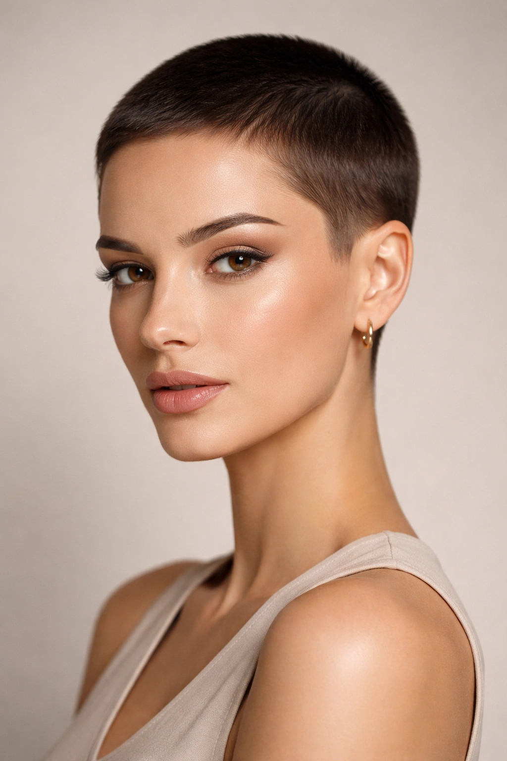Close-up of a person with a sleek ultra-short crop for oval faces, polished geometric lines.