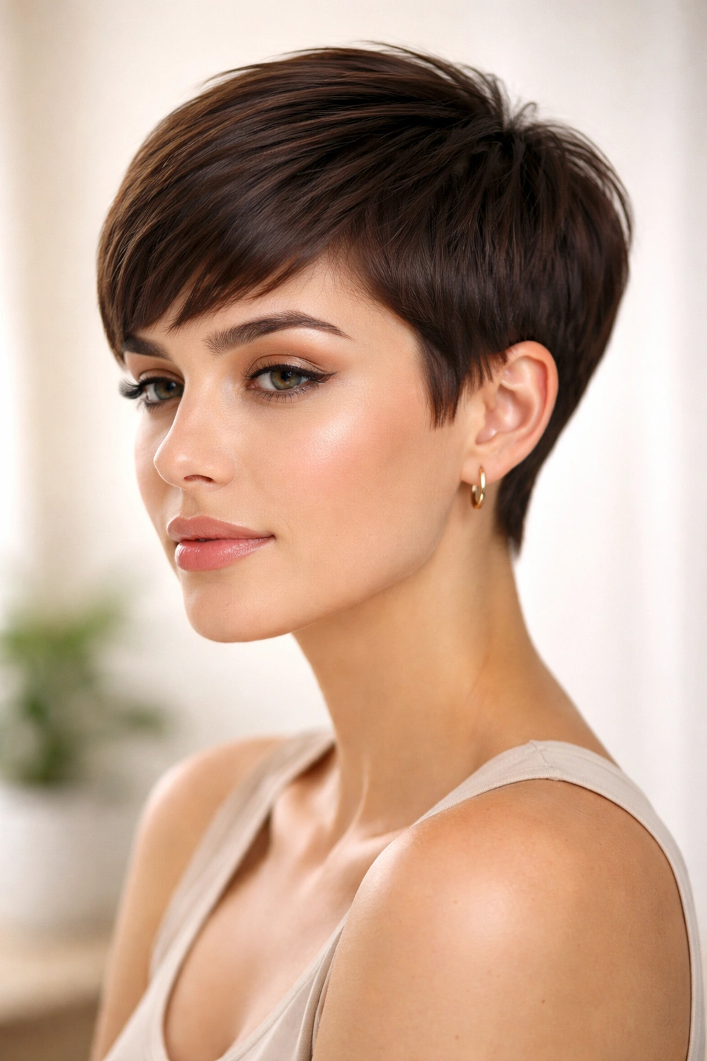 Close-up of sleek cropped hairstyle with short top and clean silhouette