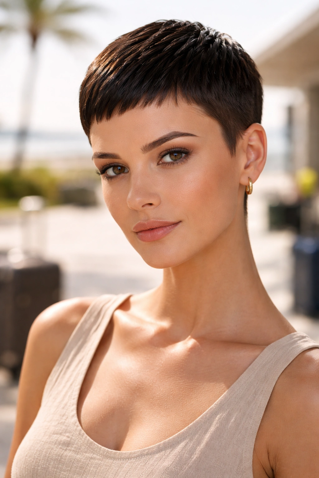 Close-up of sleek crop haircut with strong lines in travel-ready backdrop