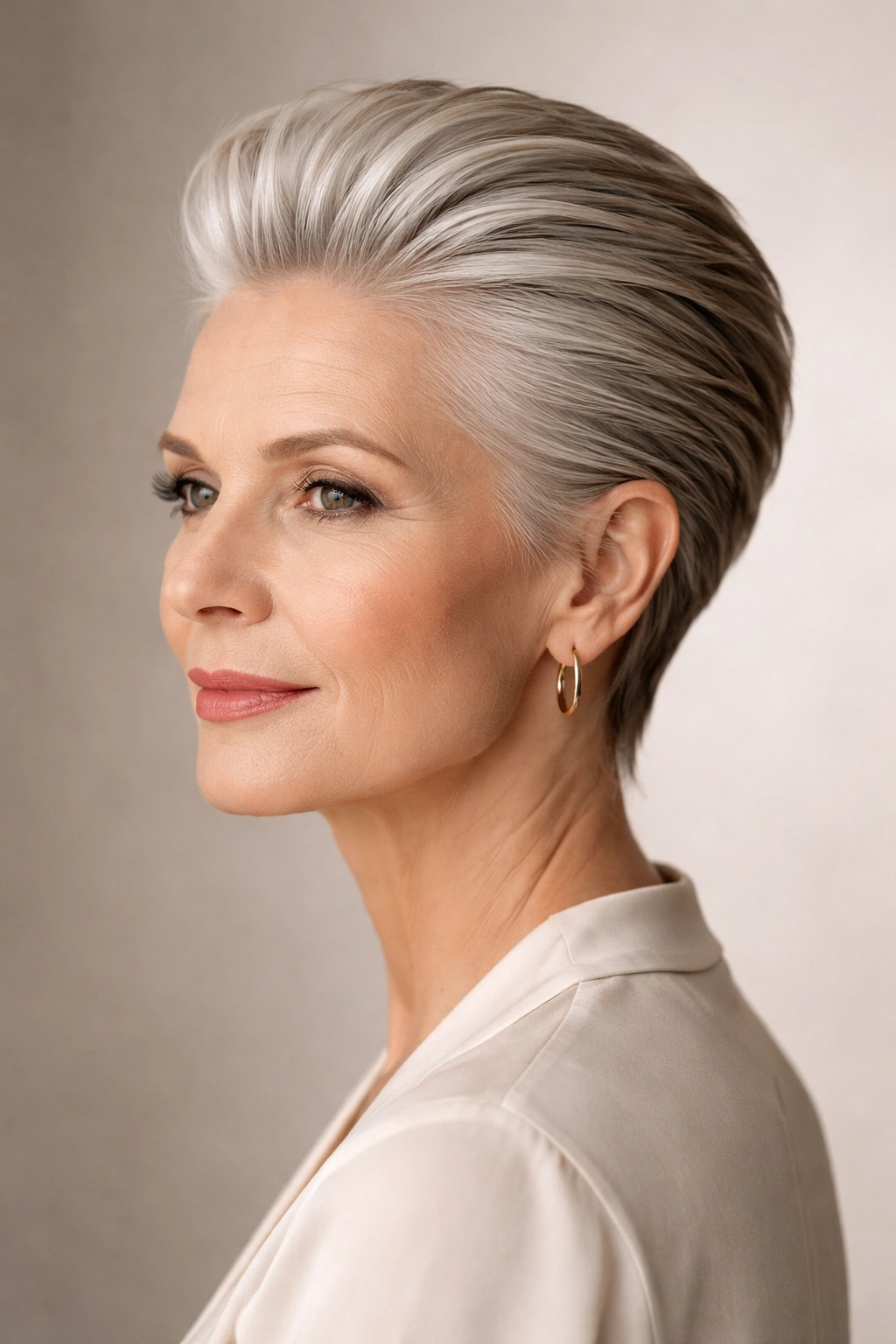 10 Short Haircuts For Older Women With Fine Hair 9 Older woman with a sleek styled-back crop, showing crisp back-swept lines.