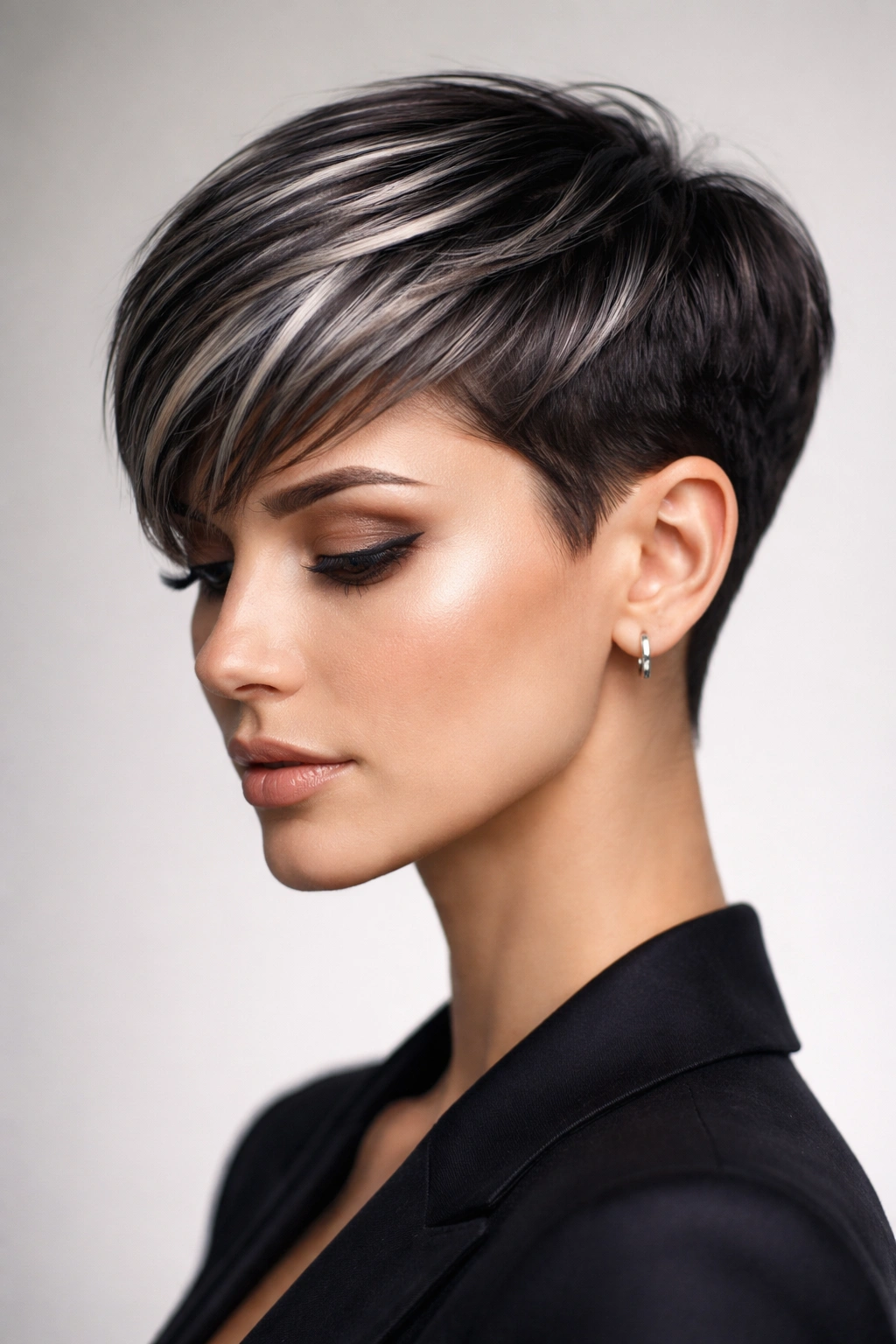 10 Short Haircuts Accented With Soft Gray Highlights 4 Close-up of a sleek cropped cut with metallic gray highlights