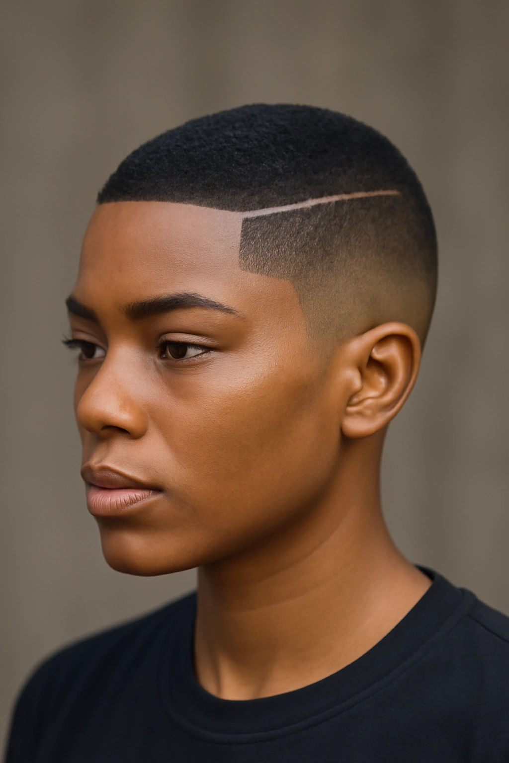30 Short Haircuts for Black Women 10 Close portrait of a Black woman with a sleek fade and hard lines