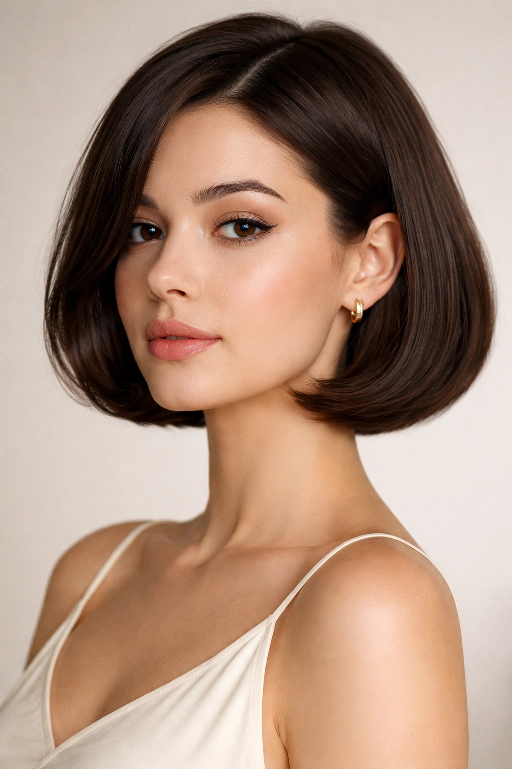 Sleek French bob with inward curved ends and glossy finish, studio lighting