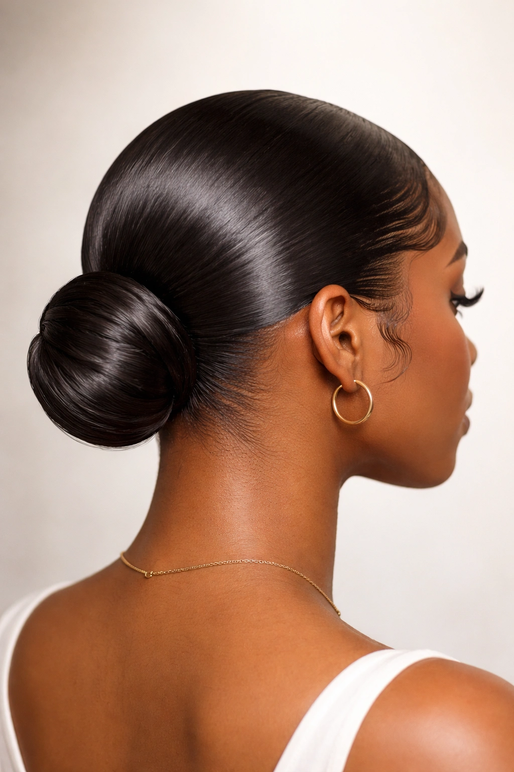 Back view of a sleek gel-defined low bun with defined edges