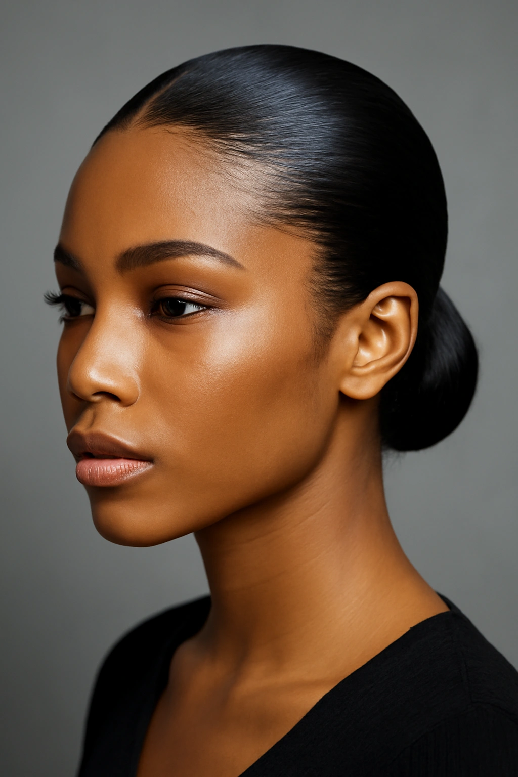 10 Pushback Hairstyles Black Women Can't Stop Wearing 1 Close-up portrait of a Black woman with a glossy gel pushback revealing a defined hairline.